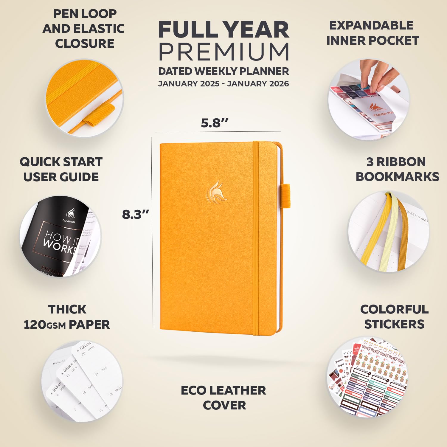 Clever Fox Premium Dated Planner 2025 - Weekly & Monthly Agenda Organizer for Time Management - Productivity Notebook with Habit Tracker, To-Do List & Goal Setting (Amber Yellow) - Perfect for Students, Professionals & Busy Moms