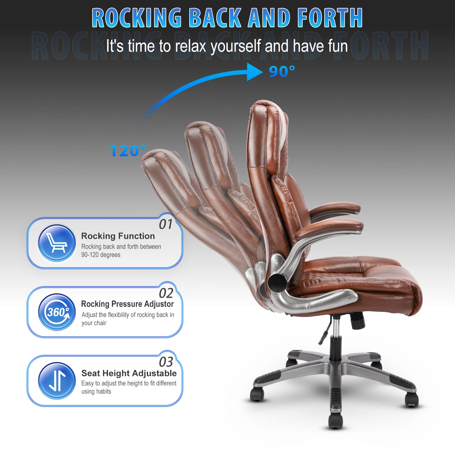 Premium Brown Leather Executive Office Chair with Flip-Up Arms, High Back Ergonomic Design & Lumbar Support - 90-120° Reclining Swivel Task Chair with Wheels for Home Office, Conference Rooms & Workspaces