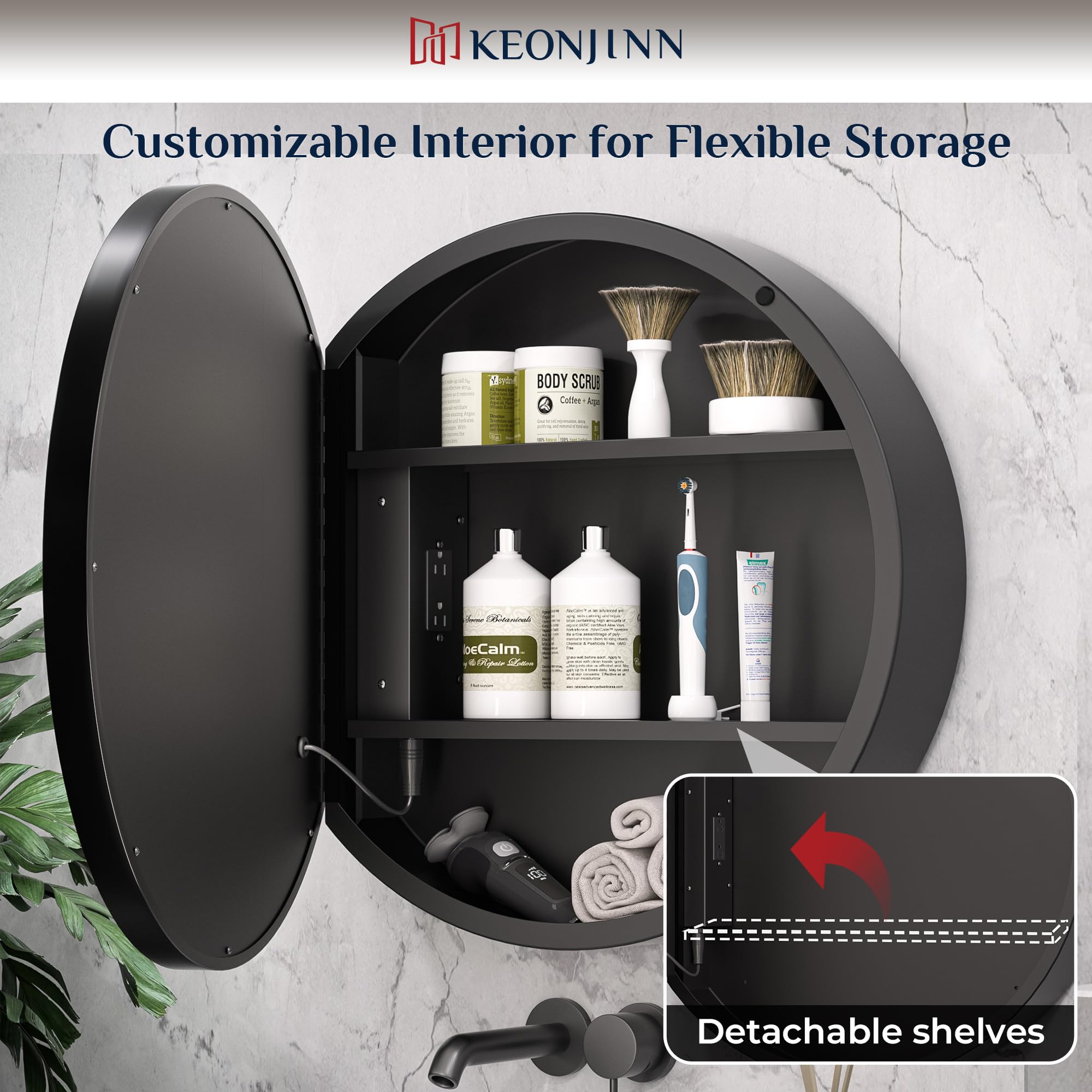 Keonjinn 24 Inch Round LED Medicine Cabinet with Mirror - Black Bathroom Lighted Cabinet, Circle Design, Electrical Outlet, 3 Color Lights, Anti-Fog, Dimmable, Surface Mount - Perfect for Modern Bathrooms & Vanity Areas