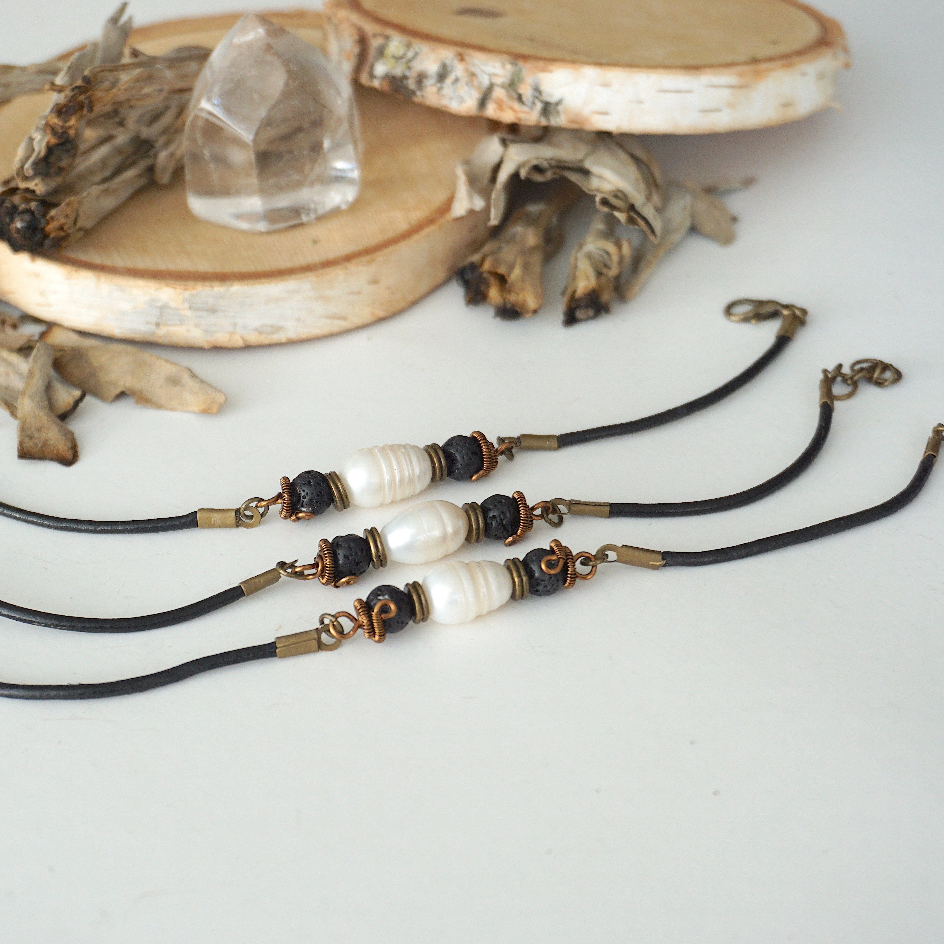 Vintage Pearl Bracelet with Antique Bronze Charm & Black Leather Cord – Elegant Jewelry for Women, Perfect for Weddings, Parties & Everyday Wear