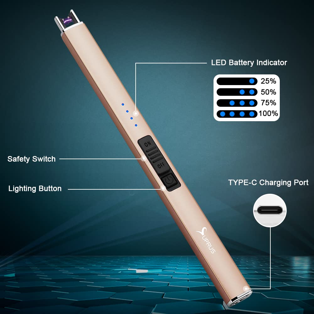 SUPRUS USB Rechargeable Electric Lighter - Windproof Flameless for Candles BBQ Camping (Champagne Gold)
