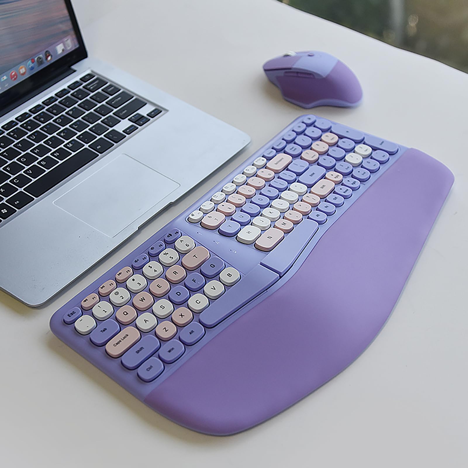 Ergonomic Wireless Keyboard and Mouse Combo - Split Design with PU Wrist Rest, 2.4G Connectivity for PC & Laptop (Purple) | Comfortable Typing for Office & Home Use, Stain-Resistant for Long-Lasting Performance