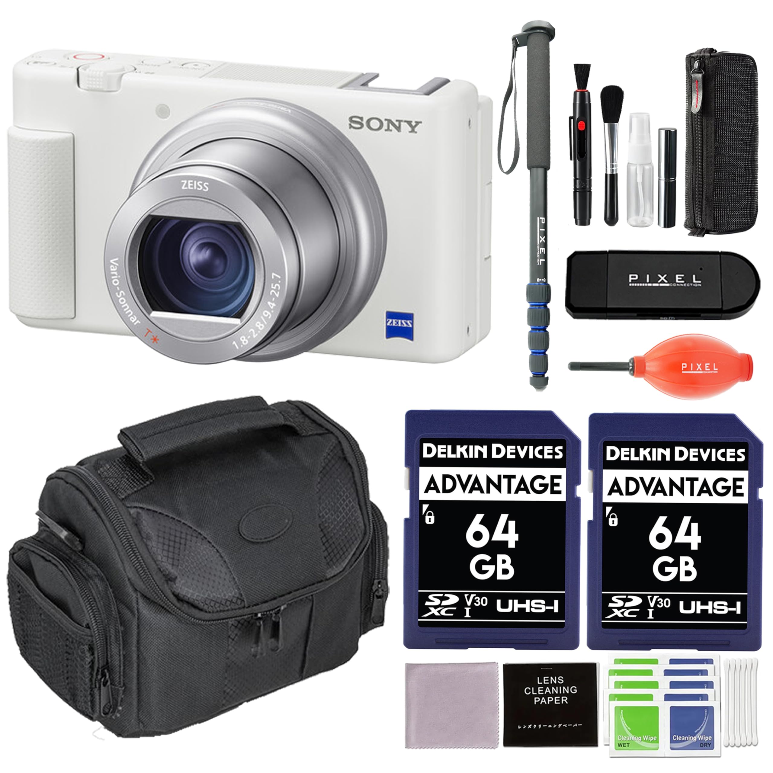 Sony ZV-1 Digital Camera Bundle with Gadget Bag, Monopod, 64GB Memory Card (2 Pack) - Perfect for Vlogging, YouTube Content Creation & Travel Photography | Compact Point & Shoot Camera for Beginners & Professionals