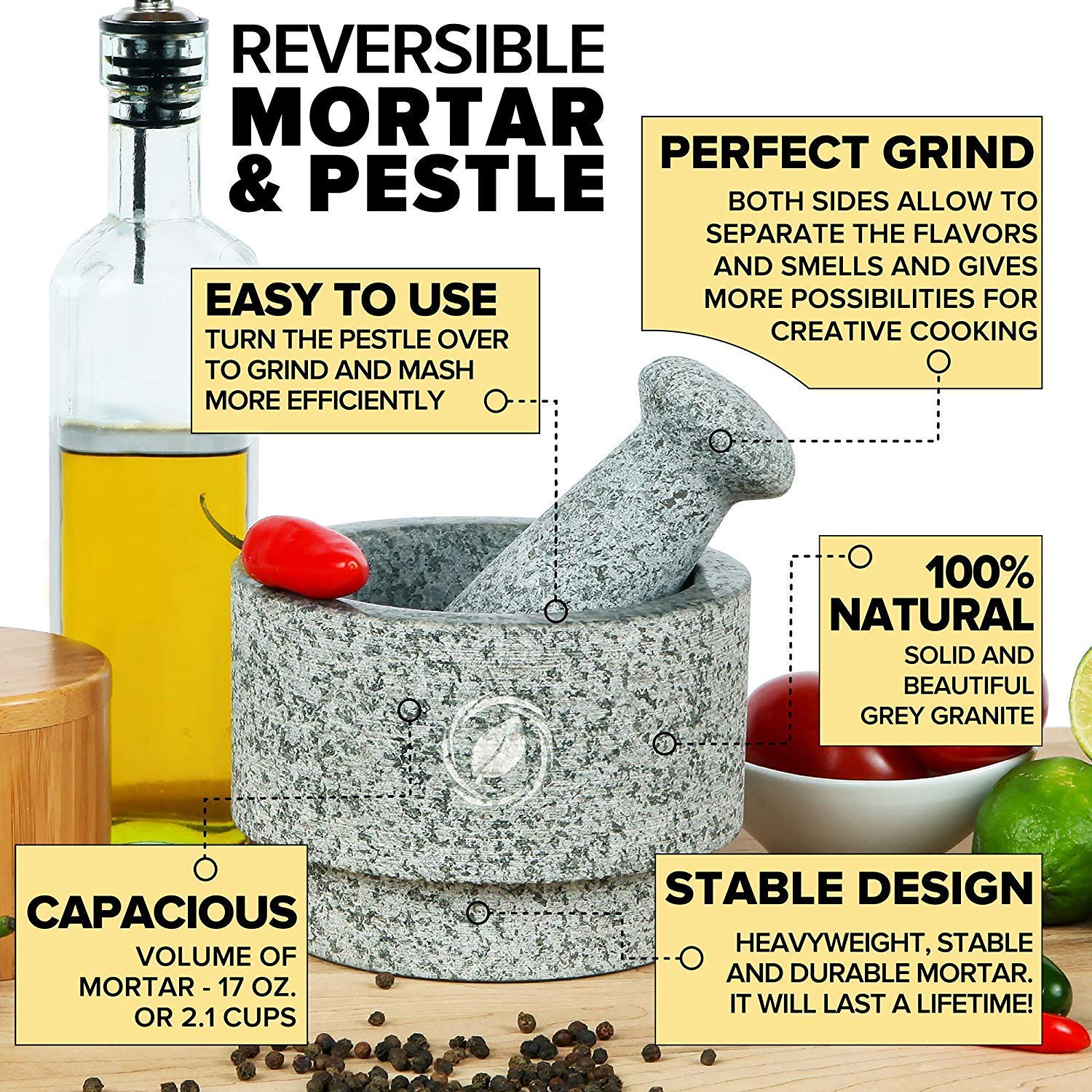 Premium Granite Mortar and Pestle Set - Large 2.1 Cup Stone Spice Grinder & Guacamole Bowl - Durable Molcajete Mexicano for Grinding Herbs, Spices, Nuts - Perfect for Mexican Cooking, Ayurvedic Remedies & Kitchen Prep
