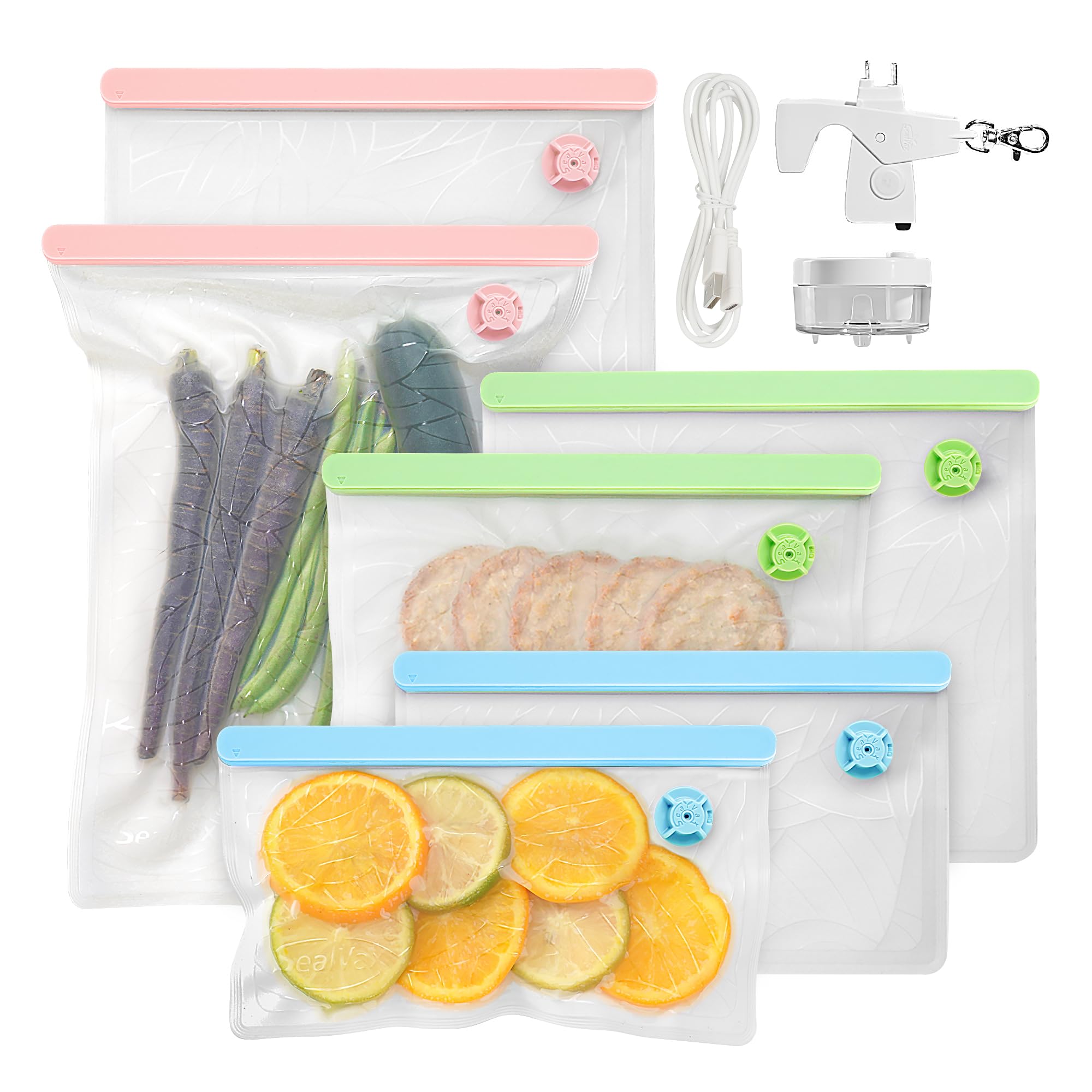 SealVax® Reusable Vacuum Seal Bags 6-Pack – BPA-Free Food Storage Bags for Sous Vide, Freezer & Meal Prep with Handheld Sealer, Liquid Block Technology – iOS/Android App Control (3 Sizes + USB-C Cable Included) | Perfect for Vacuum Sealing Meat, Vegetables & Leftovers to Extend Freshness