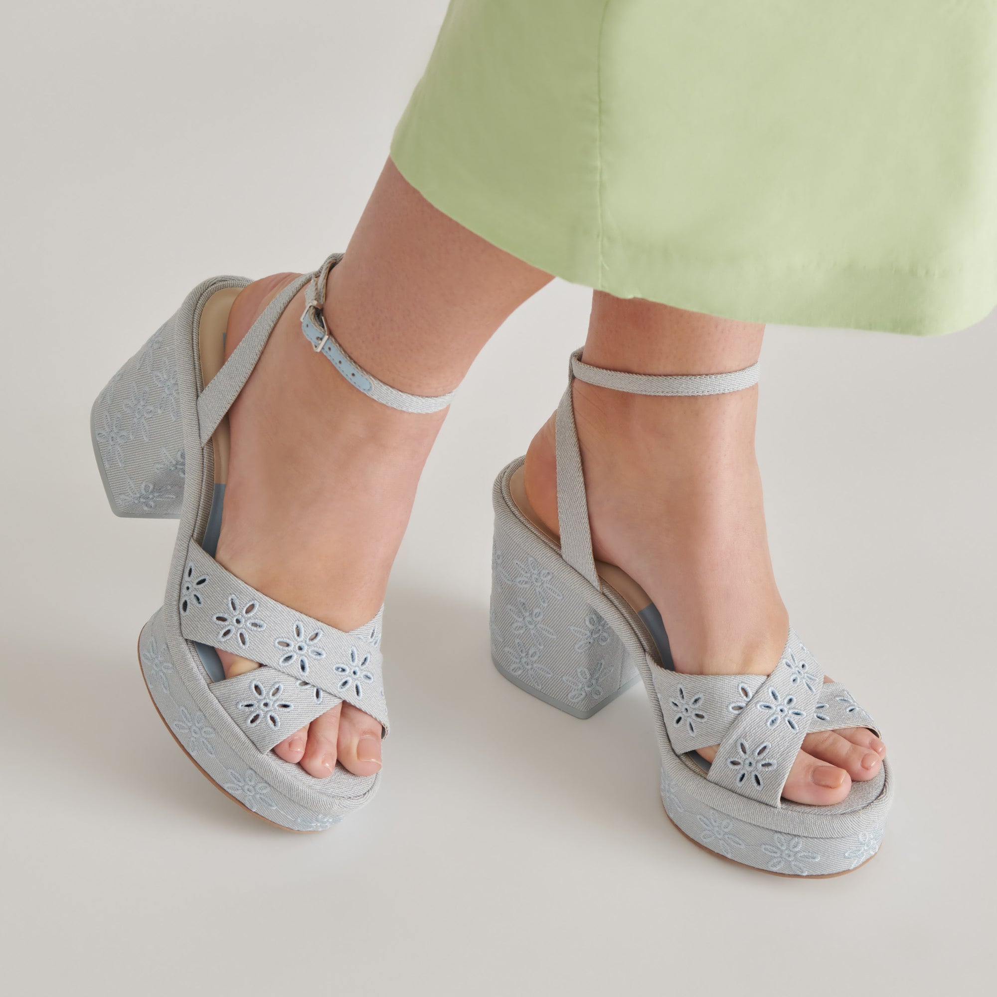LAISHA Women's Light Blue Floral Eyelet Heels - Comfortable High Heel Sandals for Weddings, Parties & Summer Outfits