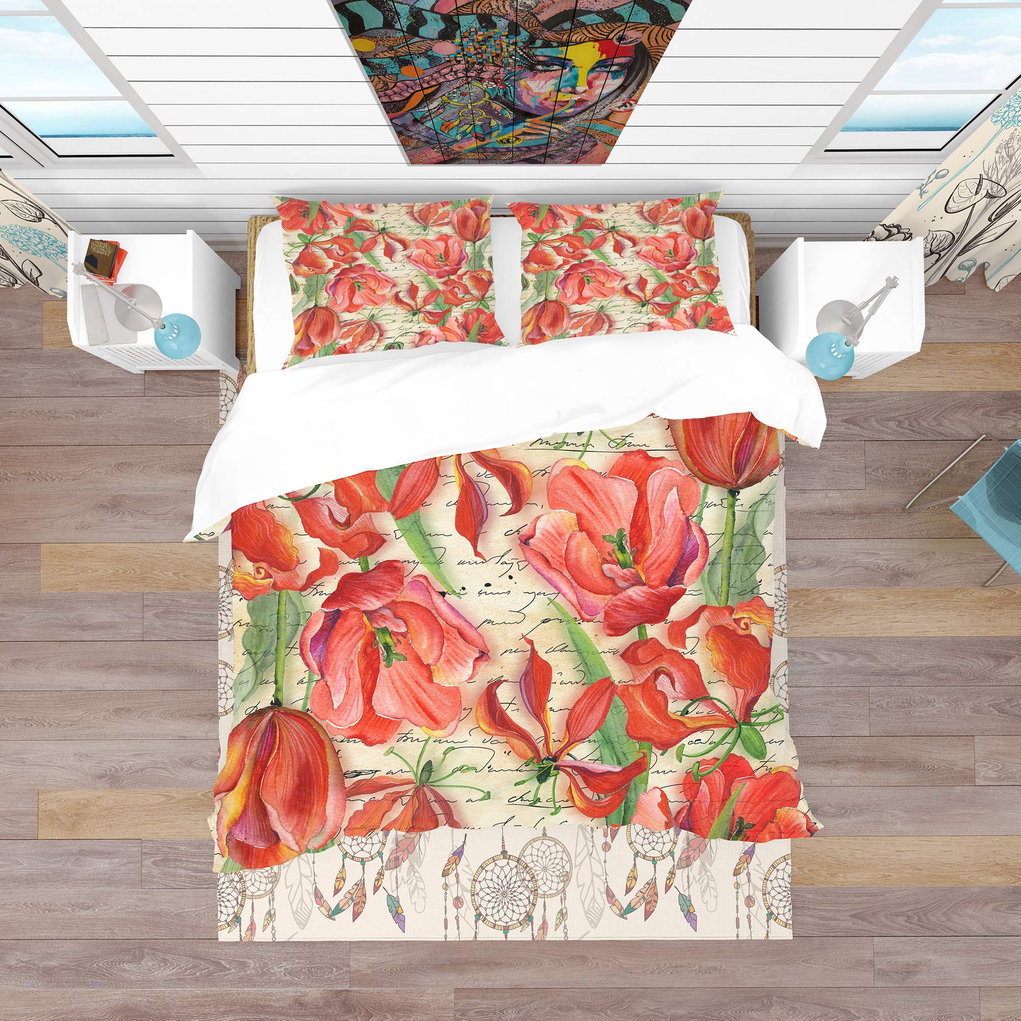 Red Floral Duvet Cover King Set - Coastal Nautical Bedding for All Seasons