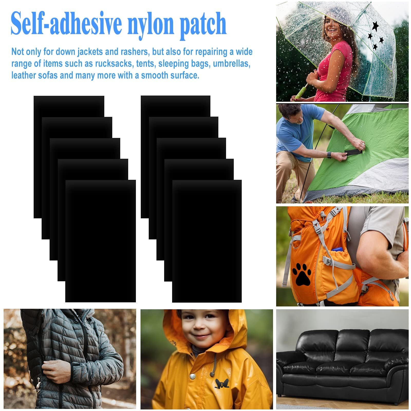 10Pcs Self-Adhesive Nylon Repair Patches - Waterproof, Lightweight & Cuttable Fabric Patches (20×10cm) for Clothing, Jackets, Bags, Tents - Durable Tear-Resistant Repair Solution for Outdoor Gear & Daily Wear
