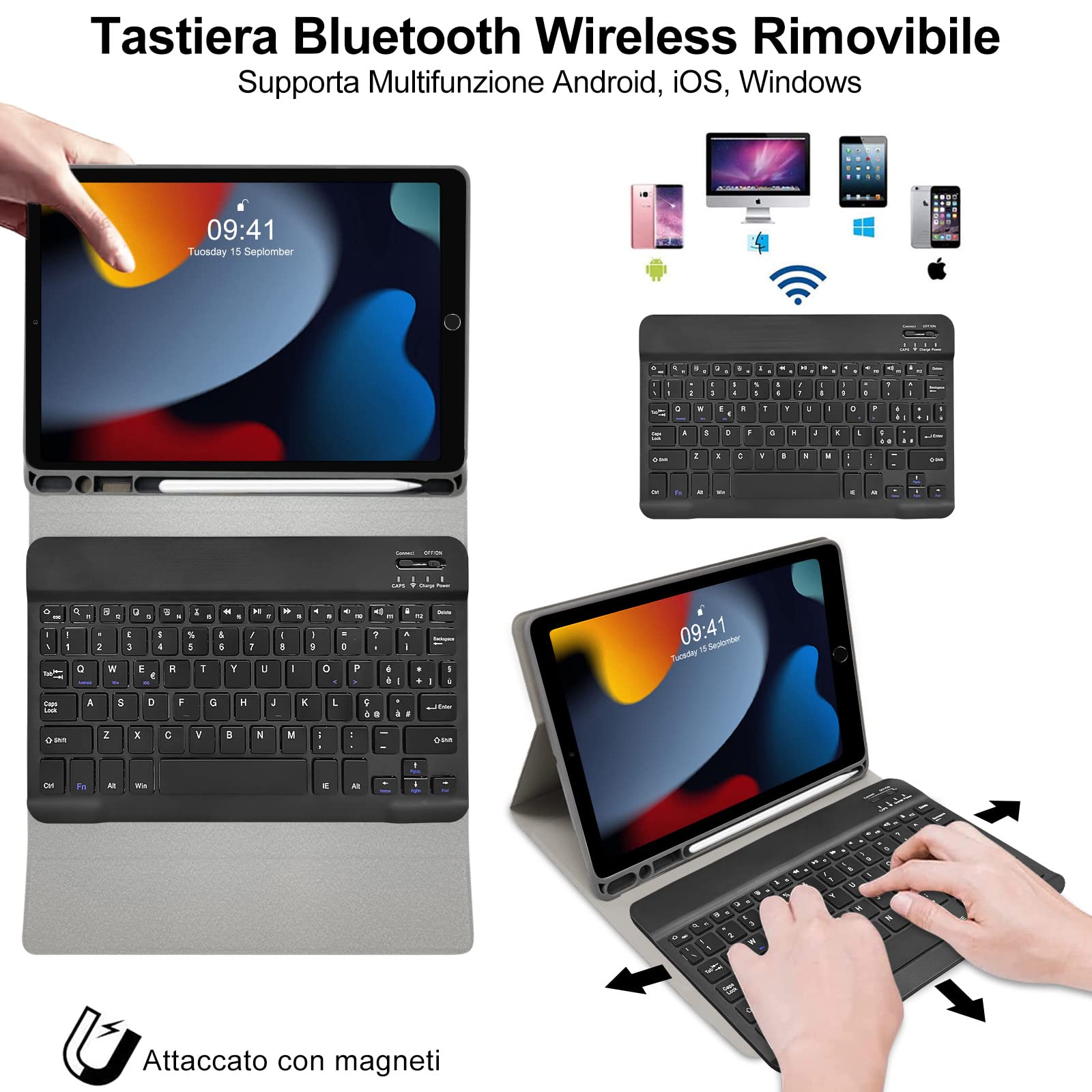 Magnetic Bluetooth Keyboard Case for iPad 10.2/2021 9th Gen/2020 8th Gen/2019 7th Gen/iPad Pro 10.5/iPad Air 3 - Detachable Wireless Italian Layout Cover (Black) | Perfect for Work, Study & Travel