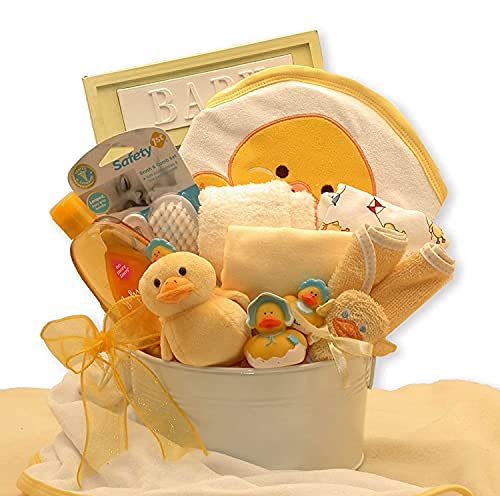 Splish Splash Baby Boy Bath Time Gift Basket - Newborn Bath Essentials Set with Hooded Towel, Washcloths & Toys | Medium Blue | Free 1-3 Day Delivery | Perfect Baby Shower Gift & Baptism Present