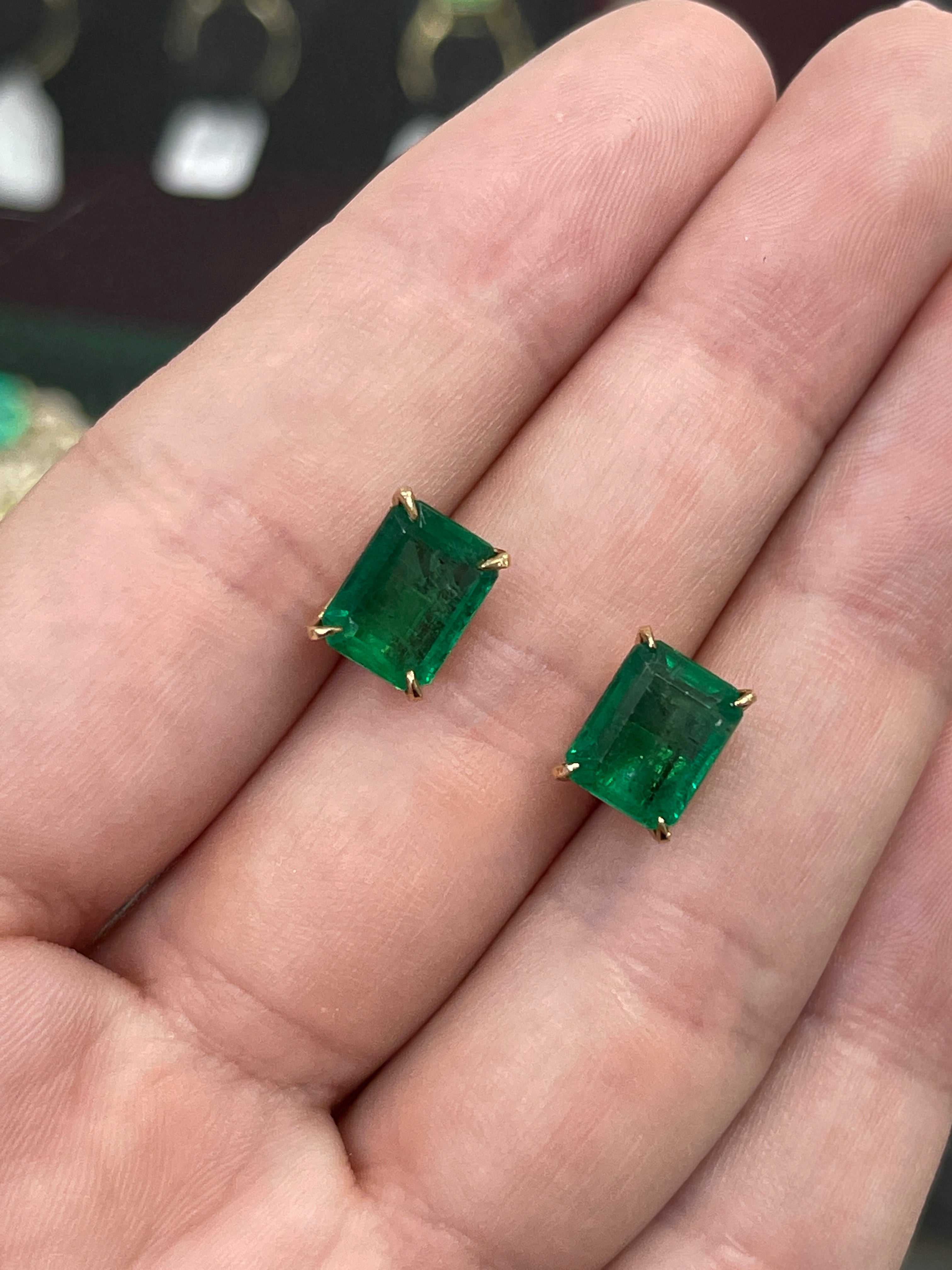 5.62tcw Classic Vivid Green Emerald Solitaire Stud Earrings in 18K Gold - Perfect for Weddings, Anniversaries & Special Occasions