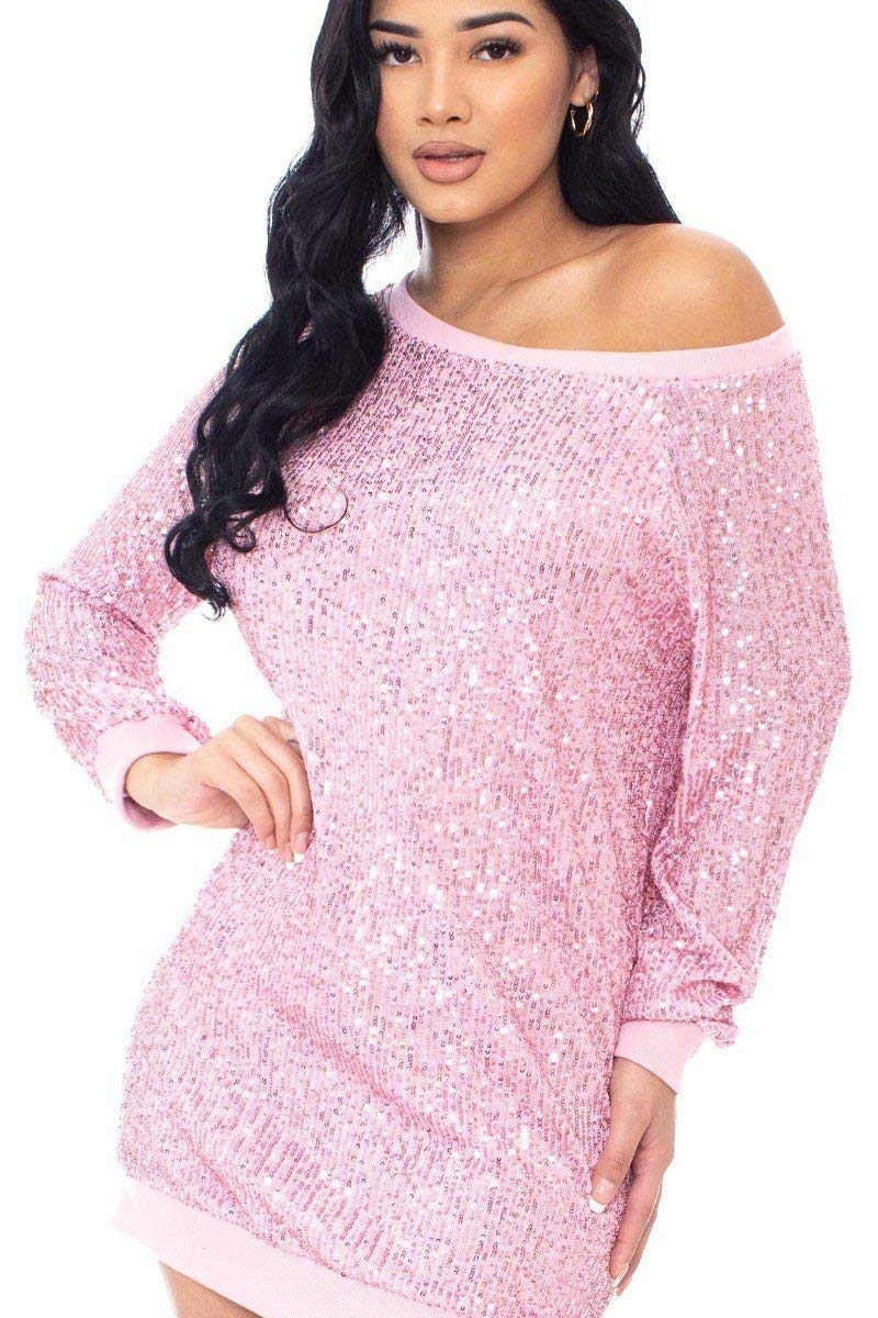 Sparkly Sequin Wide Neck Boxy Mini Dress for Women - Party, Club & Evening Wear - Perfect for Night Out, Cocktail Party & Special Occasions