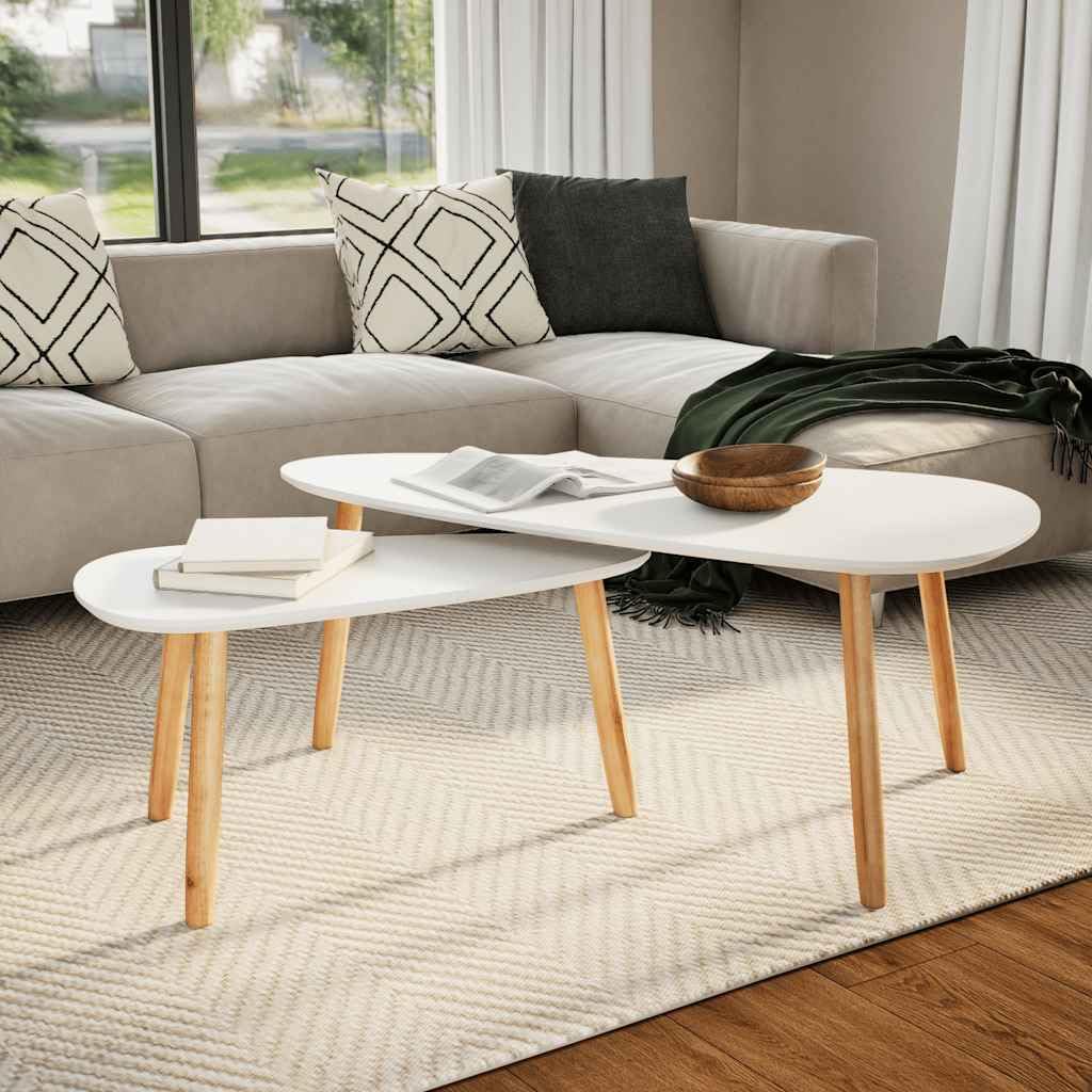 2-Piece Solid Pinewood Coffee Table Set - White - Perfect for Living Room, Lounge & Home Decor