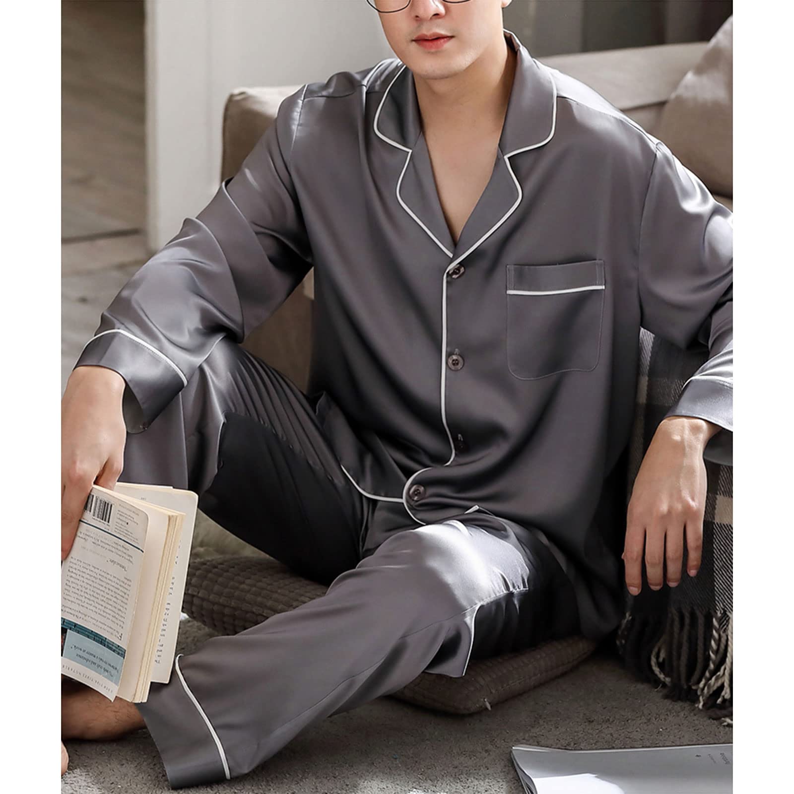 Premium Men's Silk Satin Pajama Set - 2 Piece Long Sleeve Sleepwear with Turn-Down Collar for Comfortable Nightwear & Lounge Wear at Home