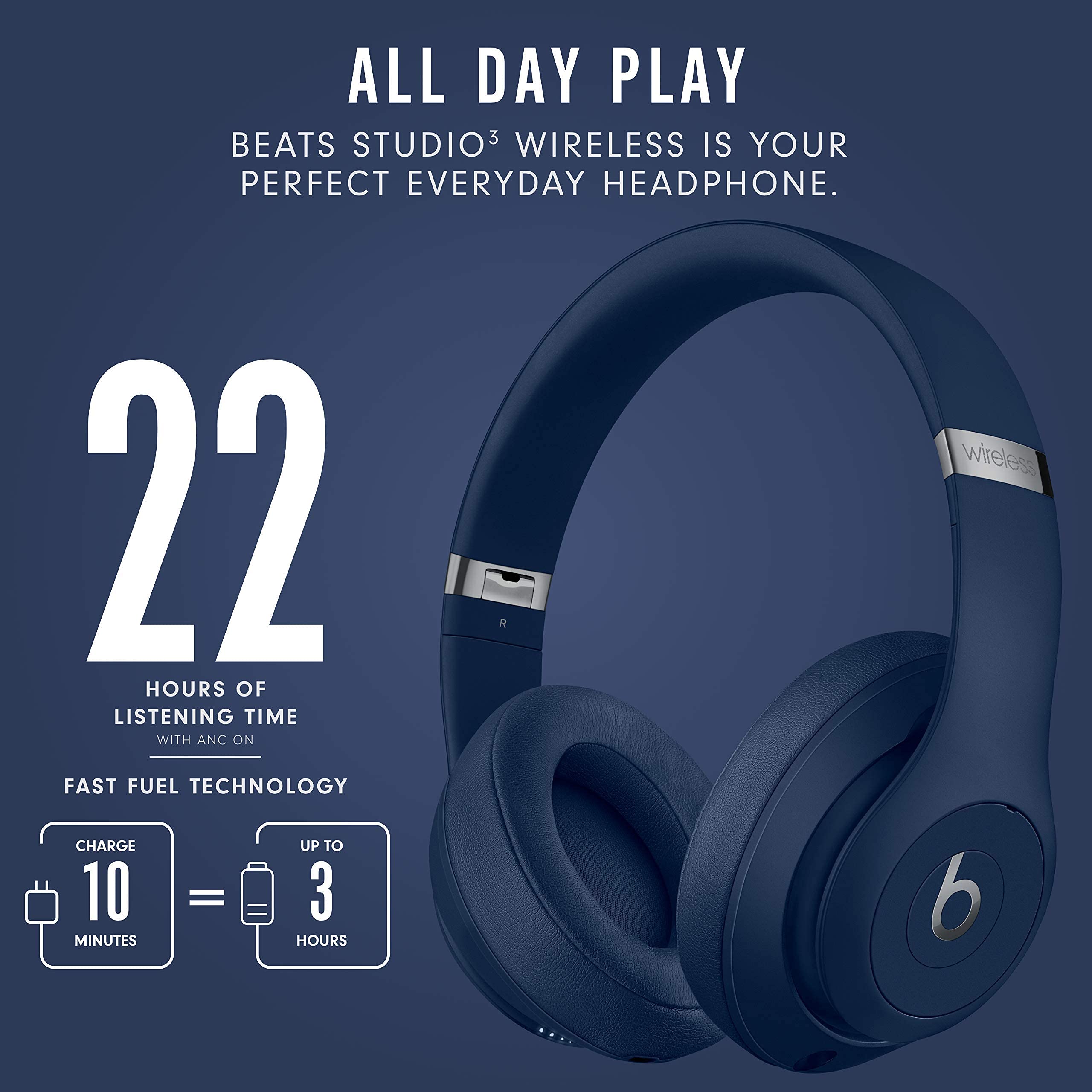 Beats Studio3 Wireless Bluetooth Headphones - Blue/Core (Renewed) | Noise Cancelling Over-Ear Headset with Apple W1 Chip, 22-Hour Battery Life | Perfect for Travel, Workouts & Music Lovers