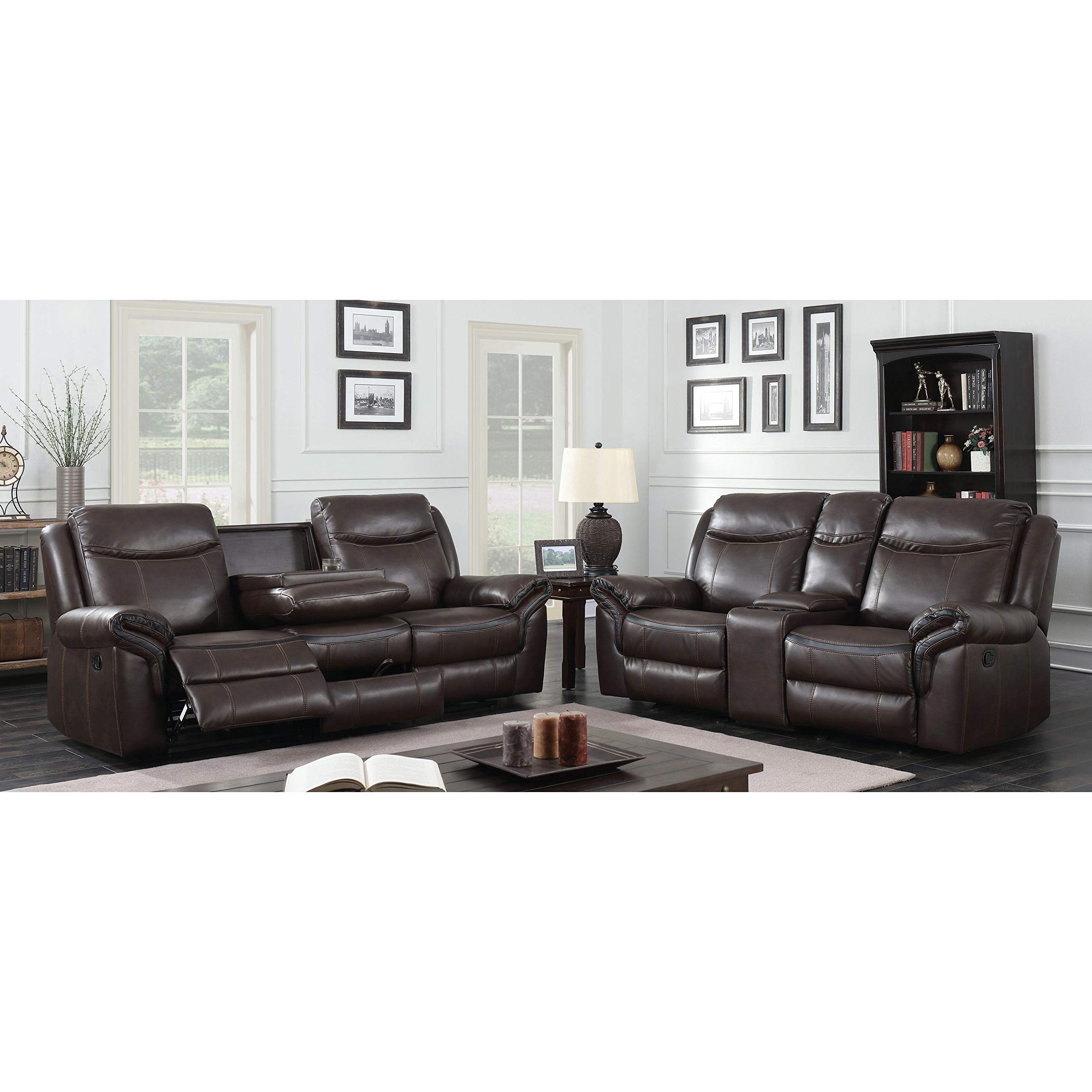 Furniture of America Yeln Brown 2-Piece Reclining Sofa Set with Cup Holders - Comfortable Living Room Sectional Couch for Home Theater & Family Relaxation