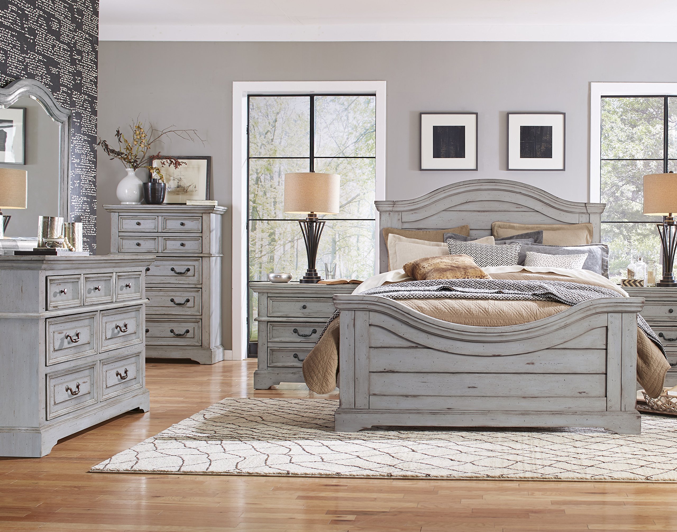 American Woodcrafters Stonebrook Panel Bed - Queen Size Antique Grey Finish - Solid Wood Bed Frame for Master Bedroom, Guest Room & Cozy Home Decor