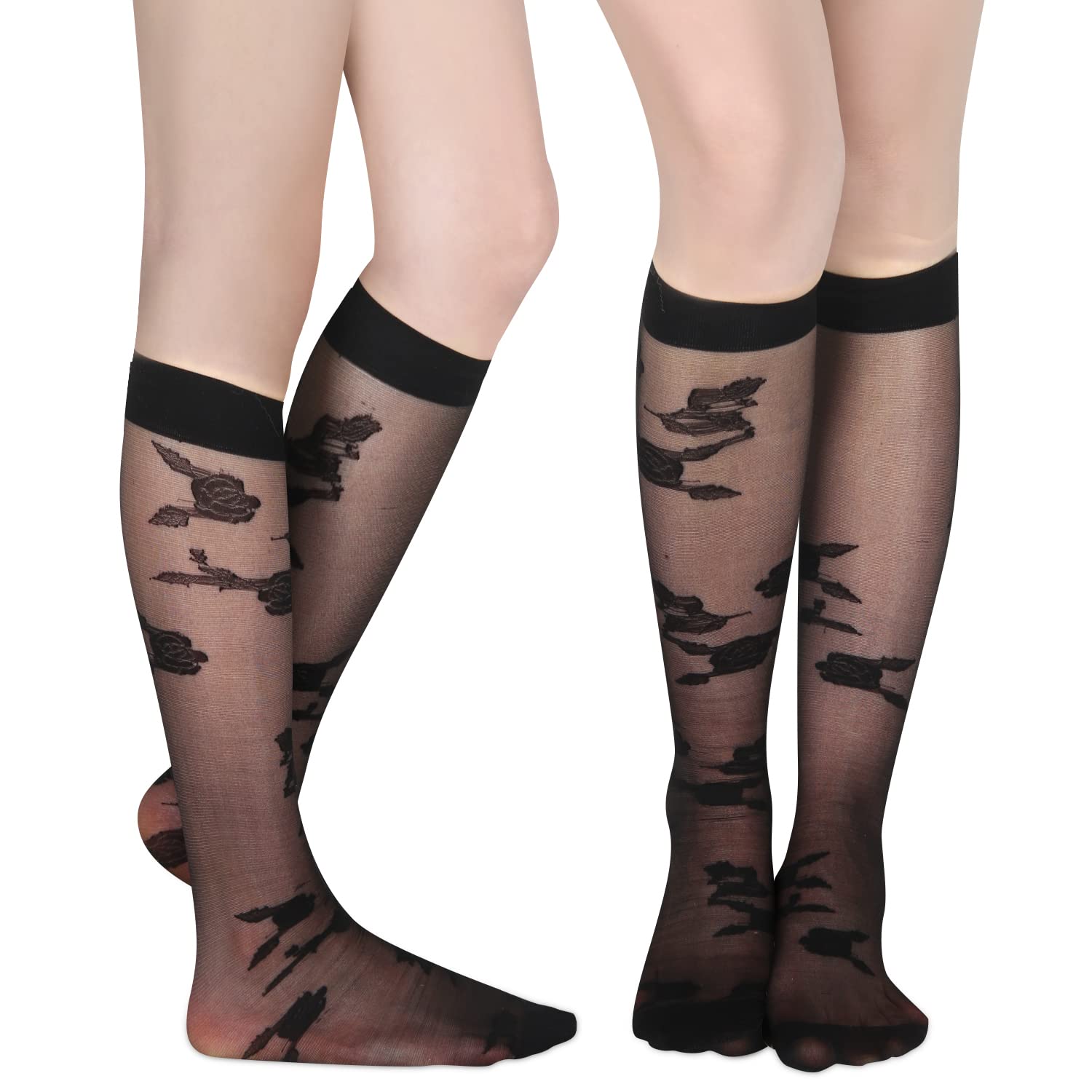 Benefeet Women's Sheer Knee High Socks - Black & White Lace Stockings for Lolita Fashion