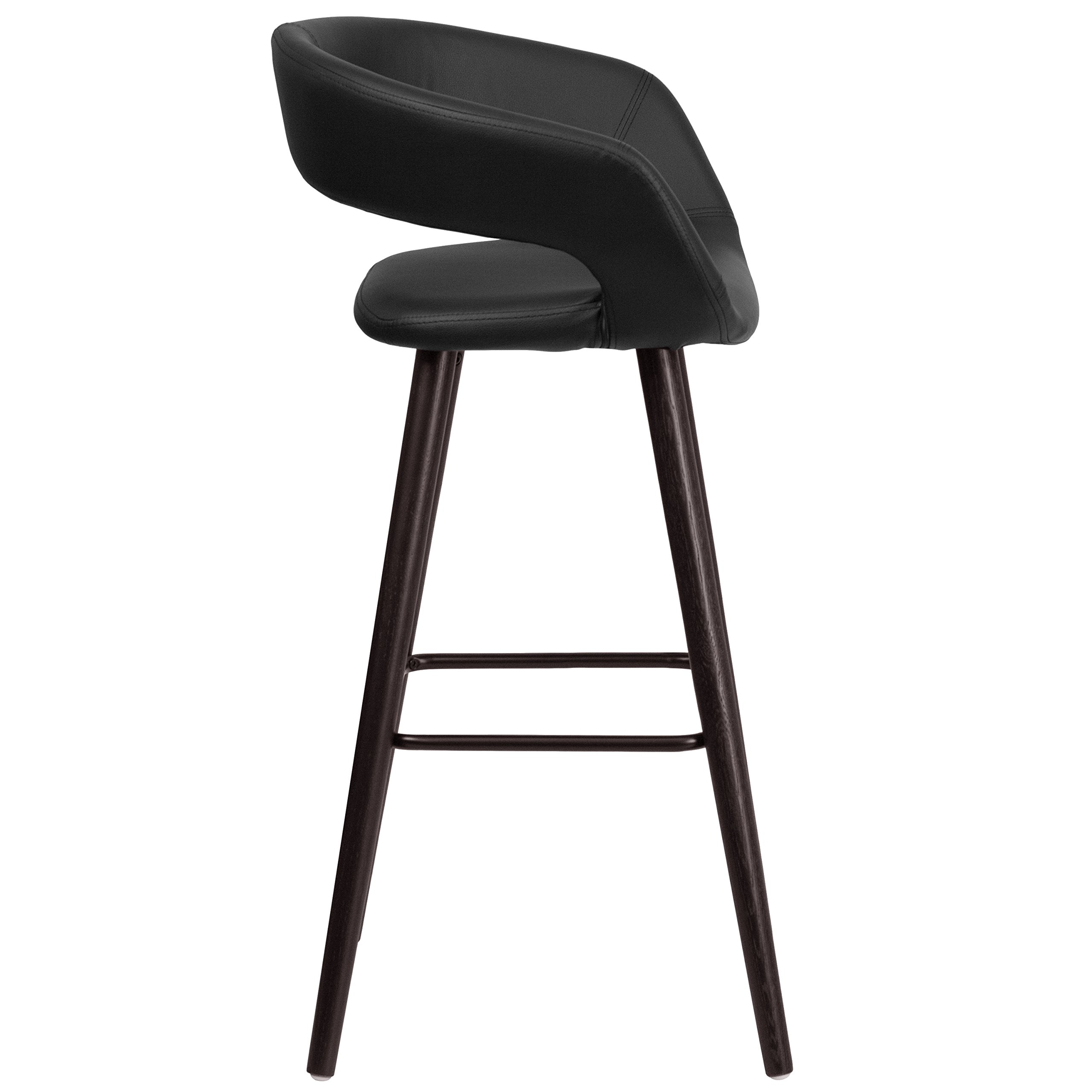 EMMA + OLIVER 29 Inch H Cappuccino Wood Rounded Open Back Bar Stool with Black Vinyl Upholstery - Perfect for Kitchen Islands, Breakfast Bars & Home Decor