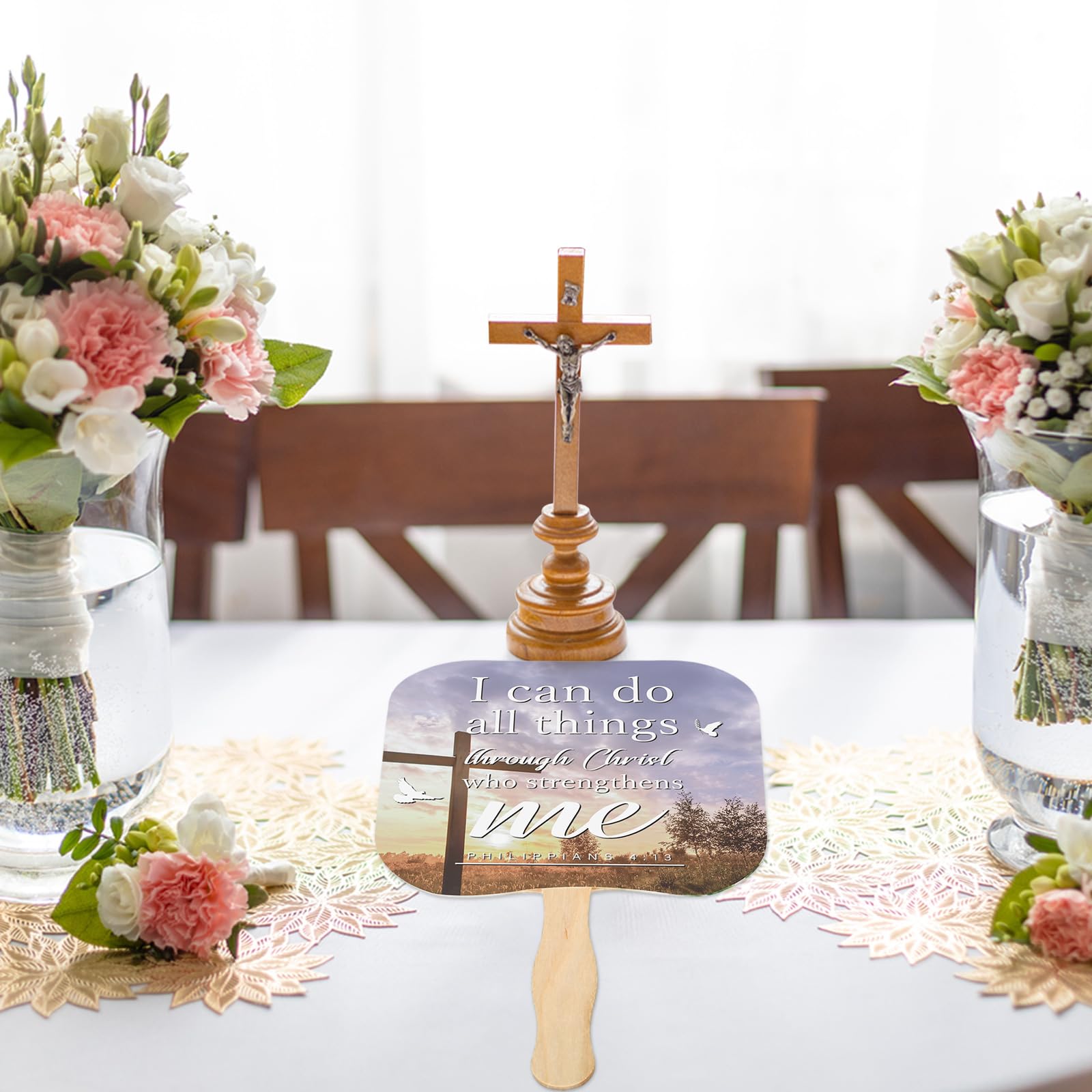50 Pack Christian Church Handheld Fans - Bulk Religious Wooden Handle Paper Fans for Church Services, Bible Study & Worship - Inspirational Gifts for Men & Women (I Can Do All Things) - Perfect for Weddings, Baptisms & Sunday School Decorations