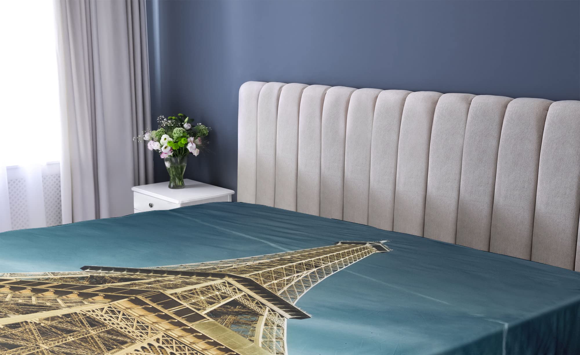 Ambesonne Eiffel Tower Fitted Sheet - Paris France Landmark Architecture Design, Queen Size Deep Pocket Bed Sheet with All-Around Elastic for Comfort, Pale Coffee & Blue - Perfect for Paris-Themed Bedrooms, Travel Enthusiasts & Home Decor