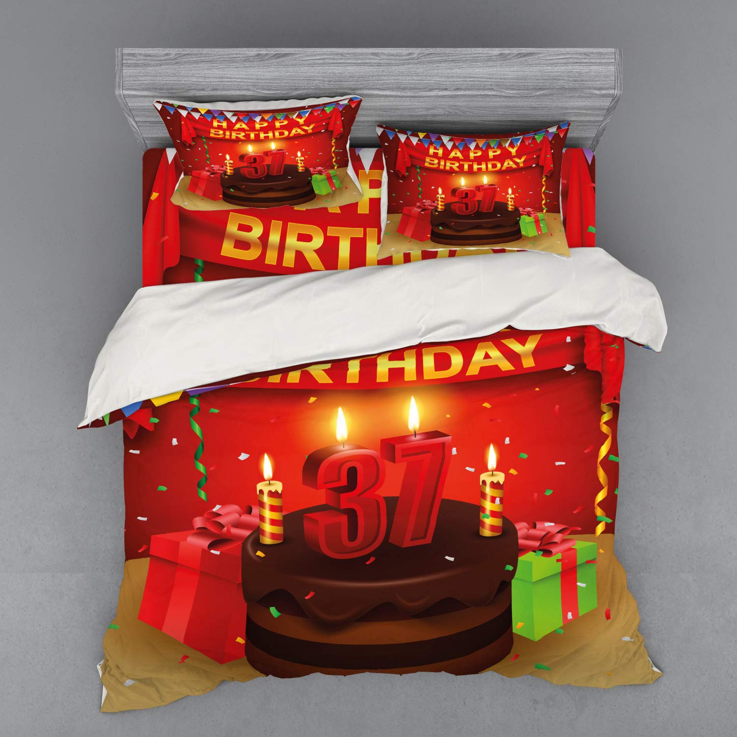 Ambesonne 37th Birthday Bedding Set - King Size 4-Piece Duvet Cover with Shams & Fitted Sheet - Chocolate Cake, Balloons, Candles Design - Perfect for Birthday Gifts & Themed Bedroom Decor