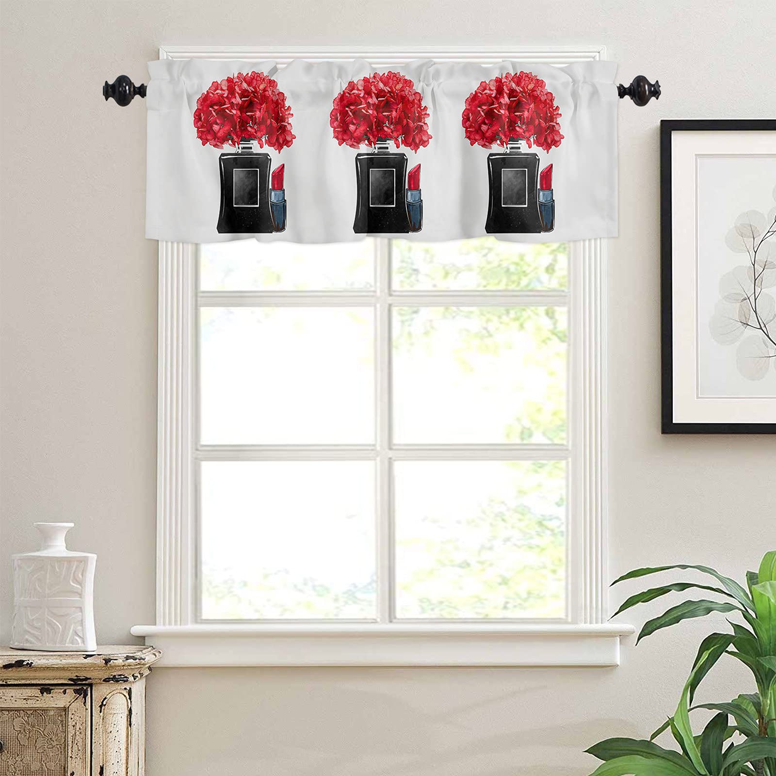Red Floral Blackout Window Valance Curtain - 54 x 18 Inch Rod Pocket Tier Curtain Panel for Kitchen, Bedroom, Living Room & Bathroom - Perfect for Home Decor and Light Control