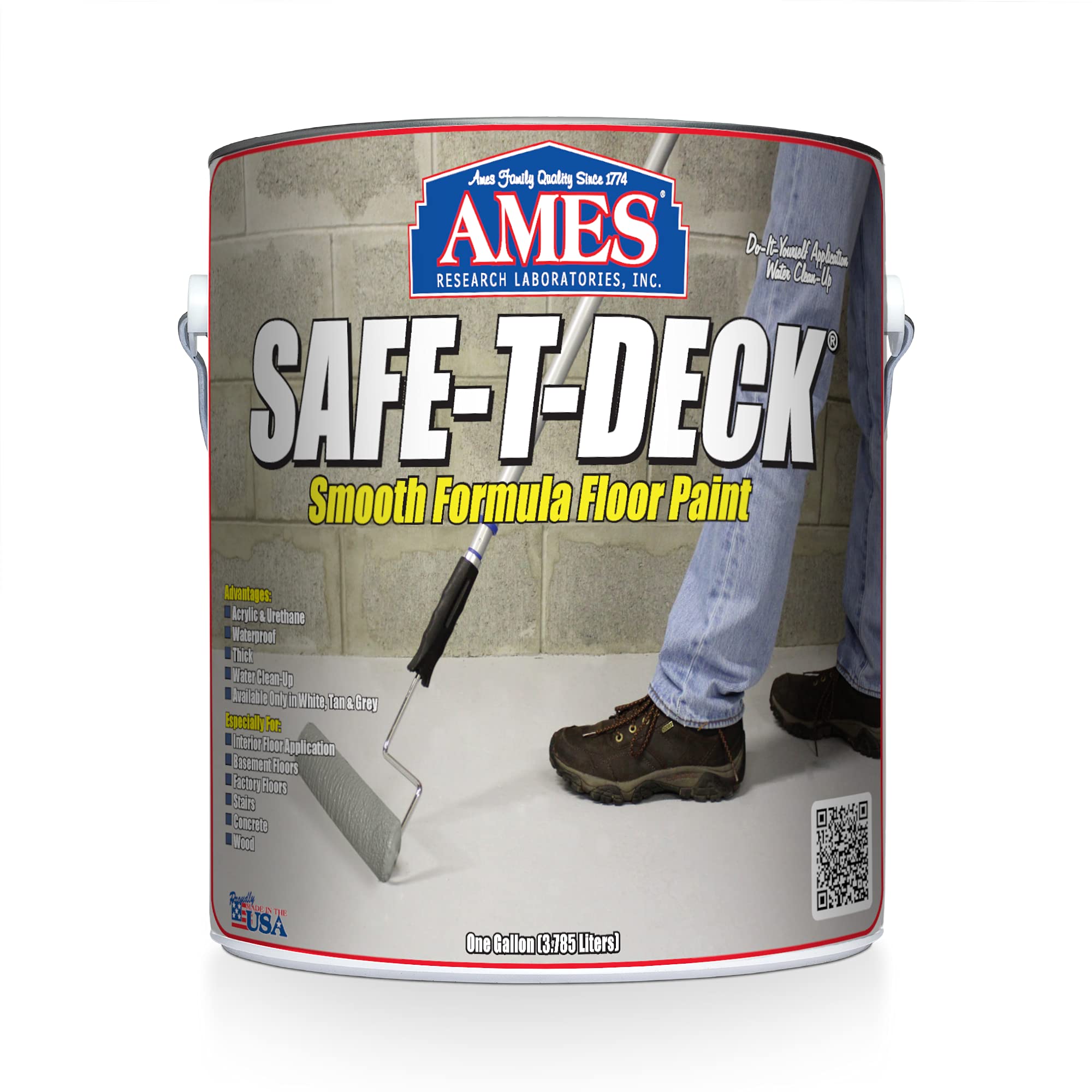 Ames Safe-T-Deck® Smooth Formula Floor Paint - 1 Gallon Tan - Non-Slip Garage, Concrete, Wood & Stair Coating - Durable USA-Made Paint for High-Traffic Areas & Outdoor Use