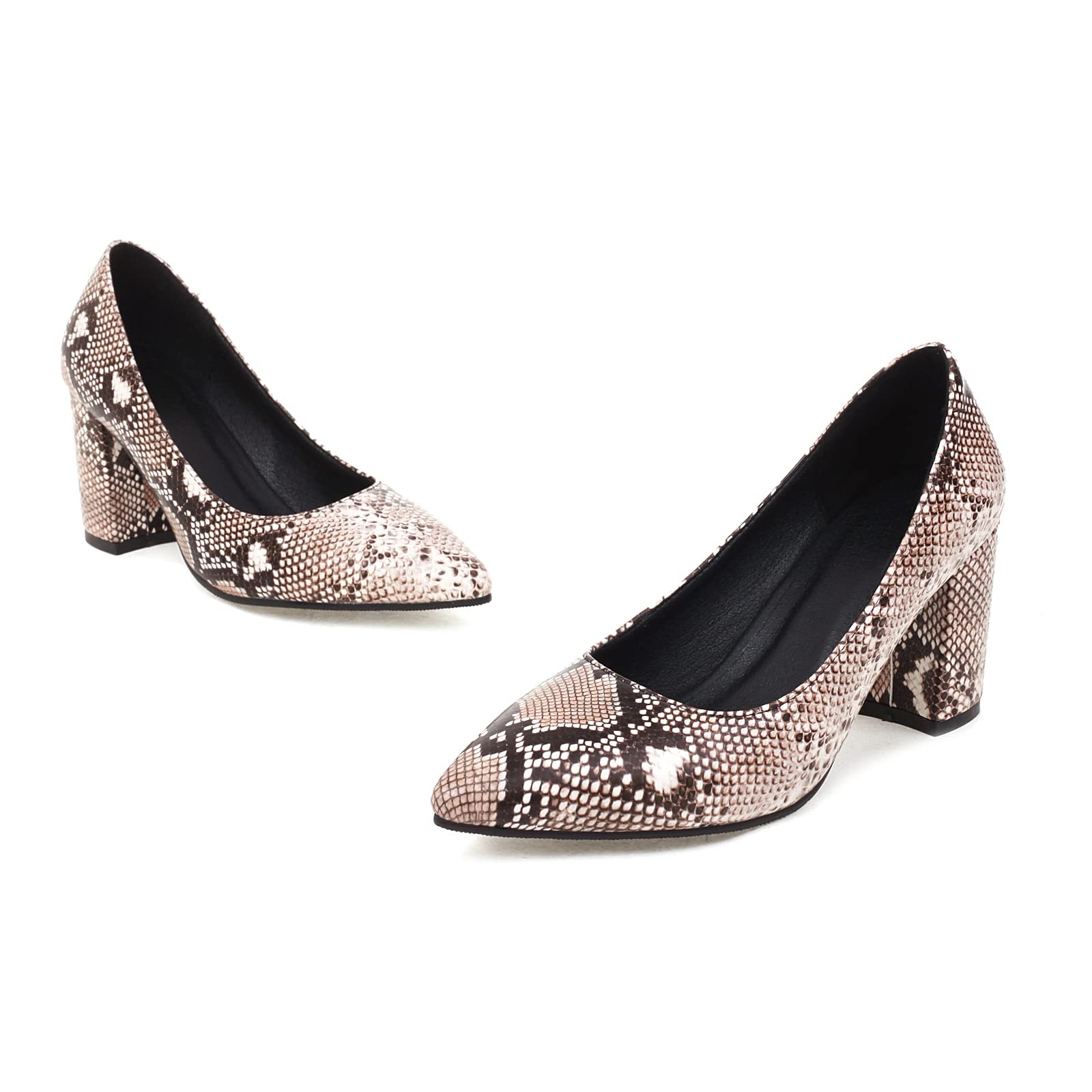 Elbslutt Women's Snake Print Pointed Toe Block Heel Pumps - Slip On Chunky High Heels Closed Toe Dress Shoes for Office, Party & Evening Wear