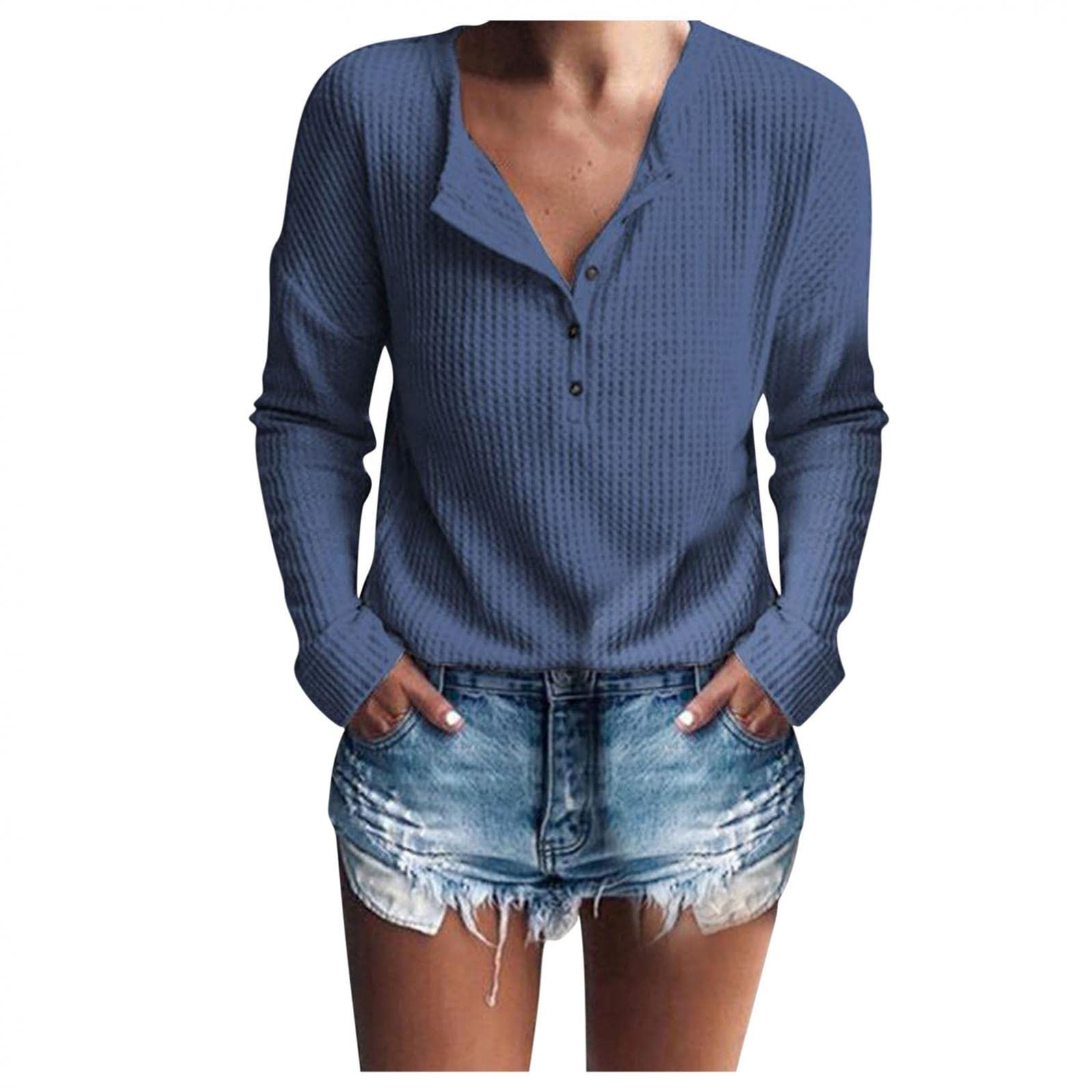 Women's Long Sleeve Henley Shirts - Button Down Ribbed Blouses with V Neck & Slim Fit for Casual Wear | Perfect for Office, Date Night & Fall Layering