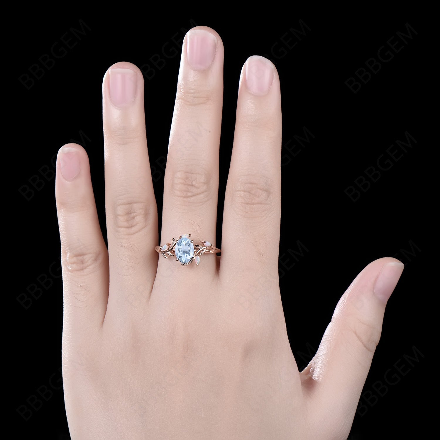 Natural Aquamarine Engagement Ring - Rose Gold Twig Vine Design, March Birthstone Promise Ring with Unique Marquise Opal - Perfect for Weddings, Anniversaries & Romantic Gifts