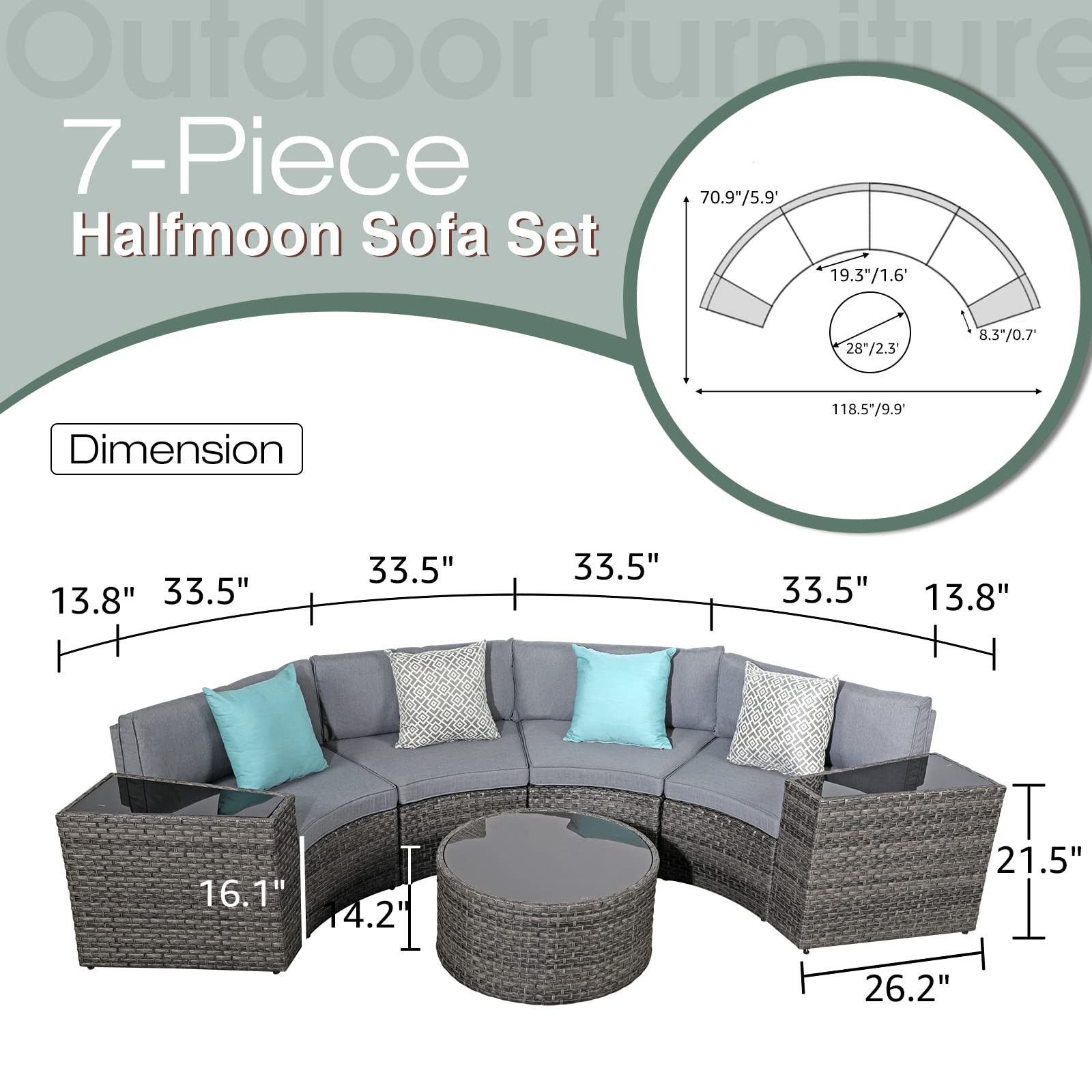 7-Piece Outdoor Patio Furniture Set - Half Moon Curved Sectional Sofa with Round Coffee Table, 4 Pillows & Waterproof Cover - Grey Rattan Wicker for Garden, Poolside & Backyard Relaxation