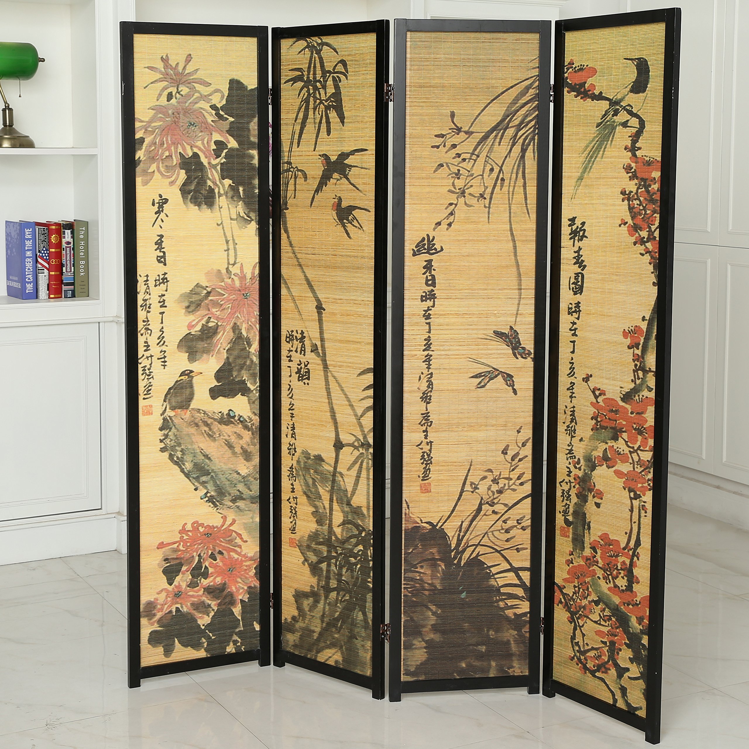 MyGift 4 Panel Bamboo Room Divider with Chinese Calligraphy Design - Freestanding Folding Screen with Black Wood Frame for Home, Office & Event Decor | Perfect for Privacy, Partition & Asian-Inspired Interior Design
