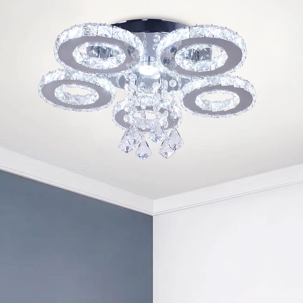Modern LED Crystal Chandelier - 5-Ring Flush Mount Ceiling Light Fixture with Cool White Lighting for Bedroom, Living Room & Hallway | Elegant Home Decor & Dining Room Lighting