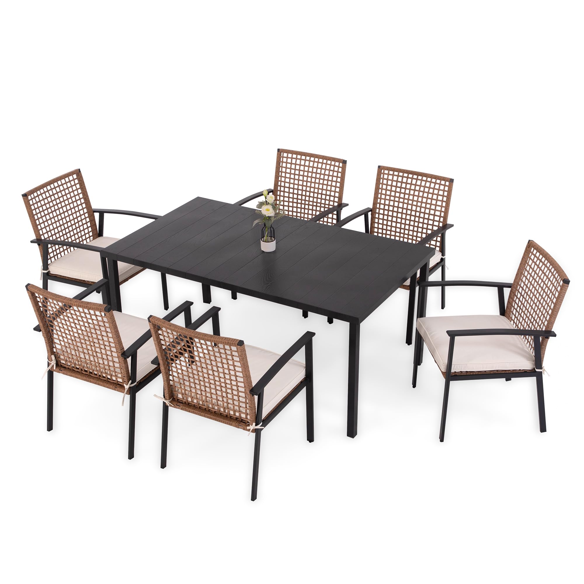 LAUSAINT HOME 7-Piece Patio Dining Set - Outdoor Furniture with 6 Chairs & Iron Table (Umbrella Hole) - Weather-Resistant Backyard, Garden, Poolside Conversation Set for Relaxing & Entertaining