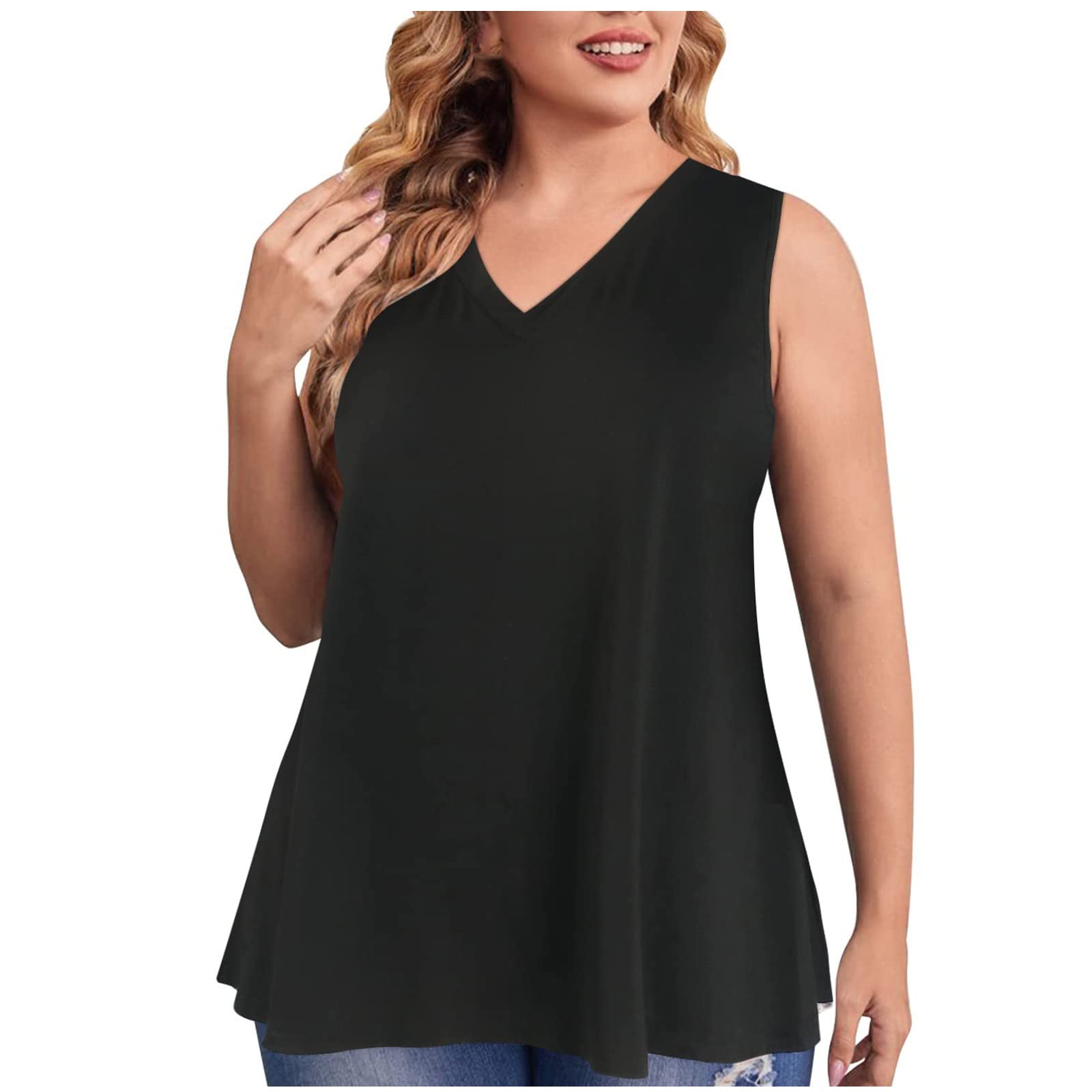 Women's Plus Size V-Neck Sleeveless Tunic Tops - Casual Loose Fit Summer Blouse & Tank Tee Shirts for Beach, Travel and Everyday Wear