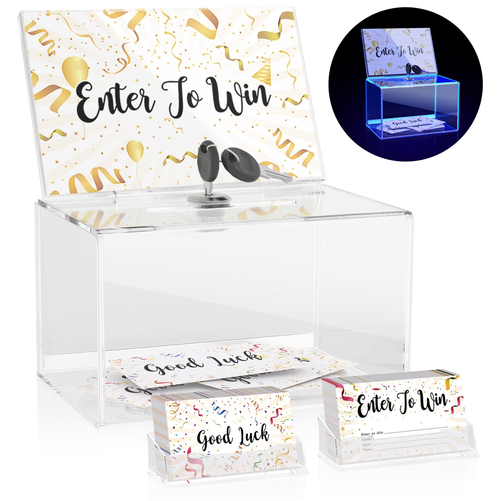 MoKo Lockable Raffle Box with Sign Holder & 100 Cards - Secure Ballot Box for Voting, Party Drawings & Fundraising Events - Includes Detachable Lighted Tip Jar for Bars, Restaurants & Charity Functions