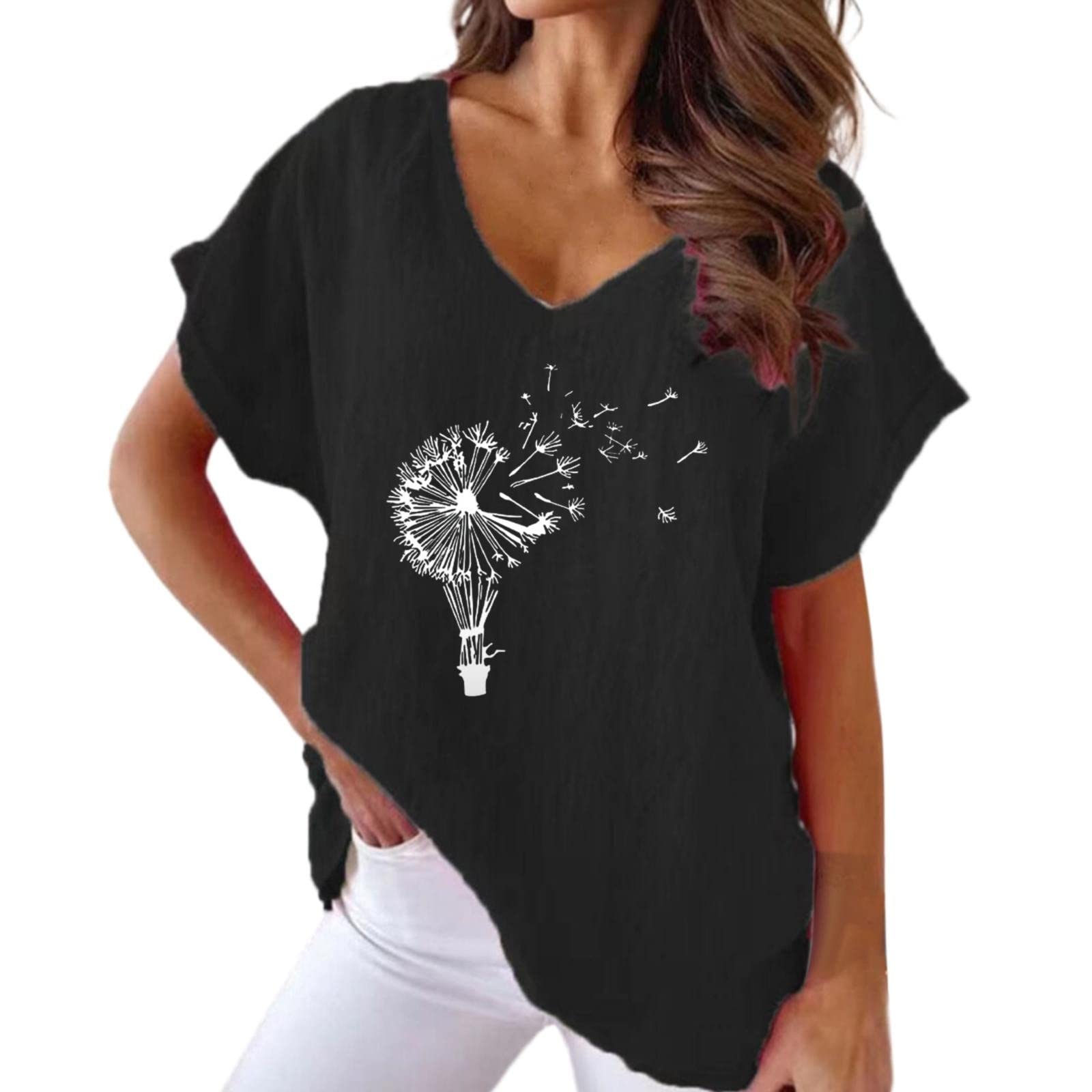EHSIJAI Women's & Girls' Long Sleeve V-Neck T-Shirt with Dandelion Print - Casual Short Sleeve Top for Everyday Wear, School, and Outdoor Activities