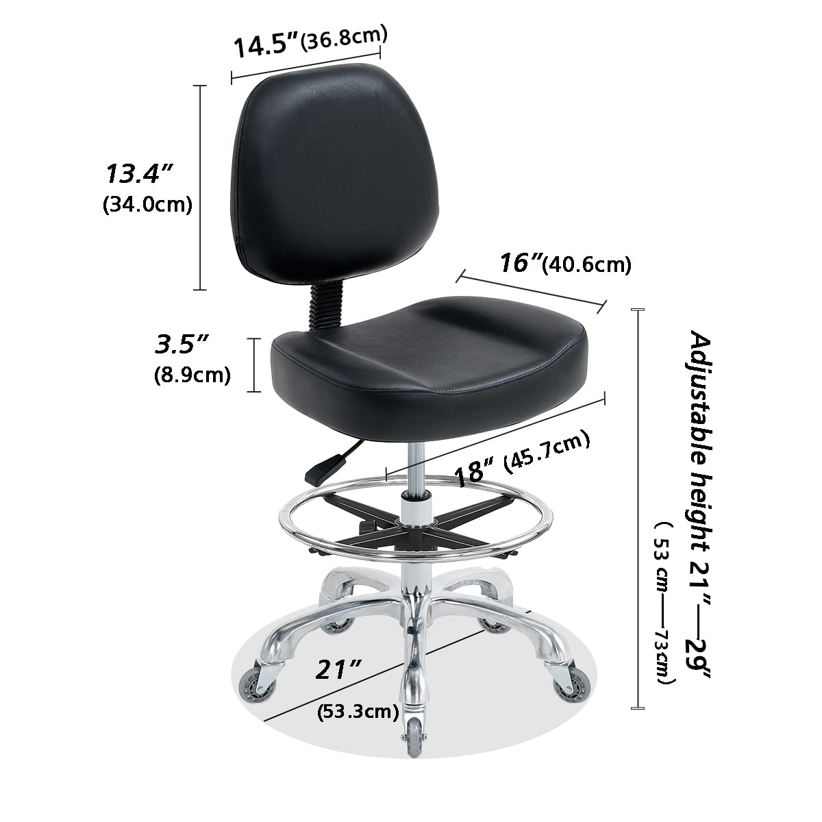 Ergonomic Drafting Chair for Standing Desk - Adjustable Height Office Stool with Backrest & Wheels, Rolling Stool for Estheticians, Salon, Studio & Workbench (Black with Footrest) - Perfect for Tattoo Artists, Hair Stylists & Home Office Workspaces
