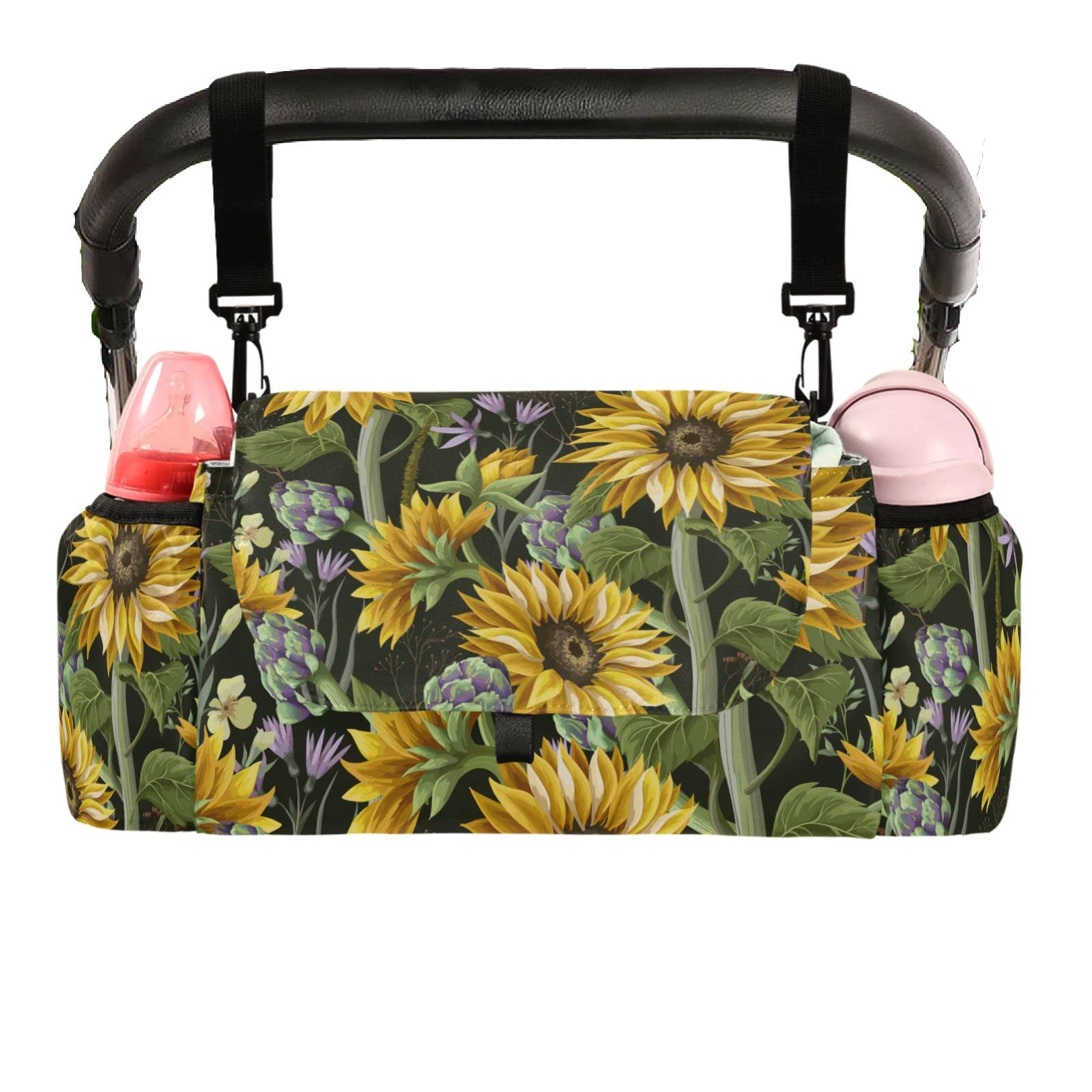 Universal Stroller Organizer with Cup Holder & Detachable Shoulder Strap - Sunflower Artichoke Design Baby Stroller Accessories for Diapers, Phone, Keys & Toys - Fits All Strollers - Perfect for Park Outings, Shopping & Travel
