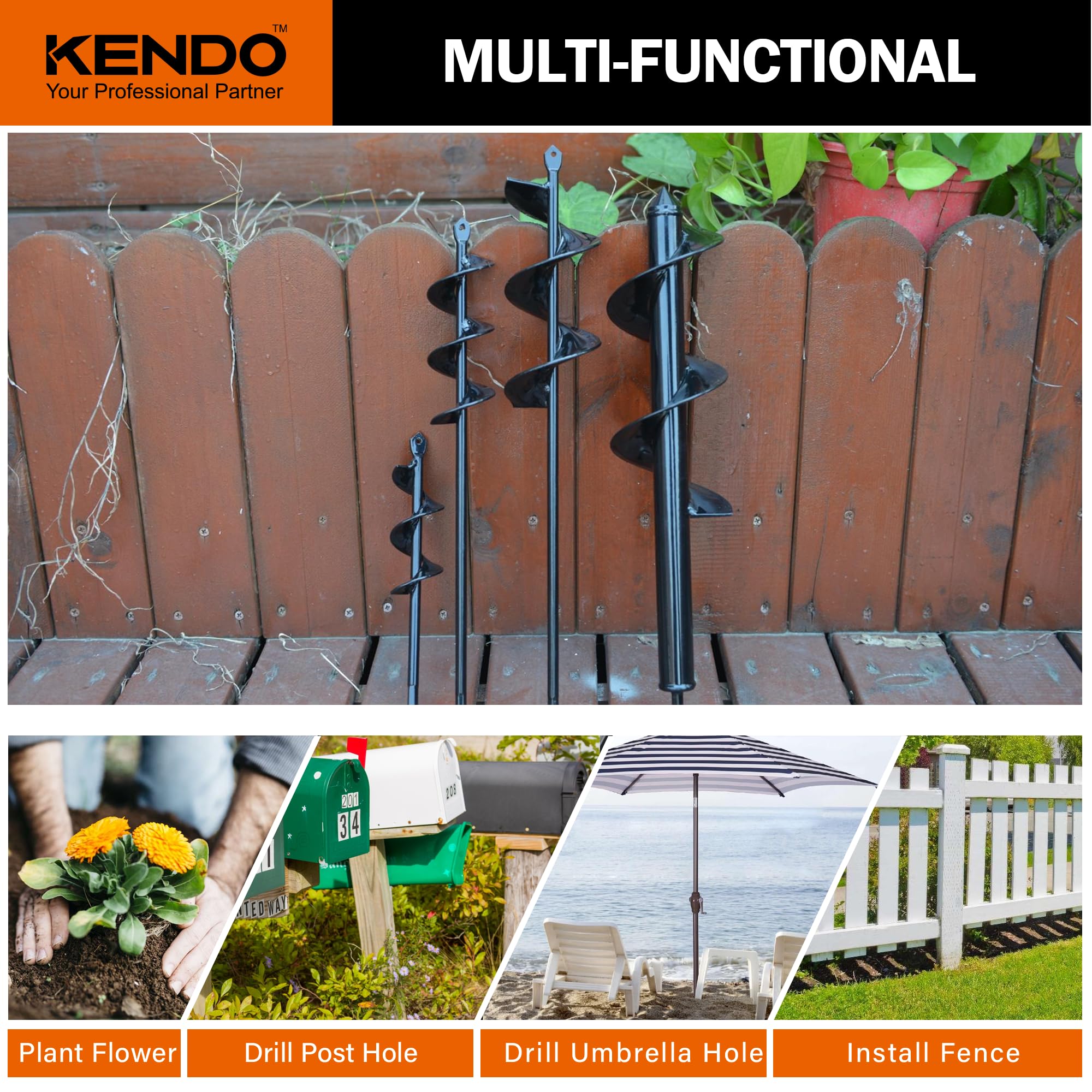 Kendo Auger Drill Bit Set of 4 - Spiral Garden Planting Tool for 3/8