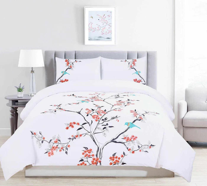 Premium Cotton Cherry Blossom Floral Embroidered Duvet Cover Set - Soft Bedding for Spring & Summer - Perfect for Master Bedroom, Guest Room & Dorm Decor
