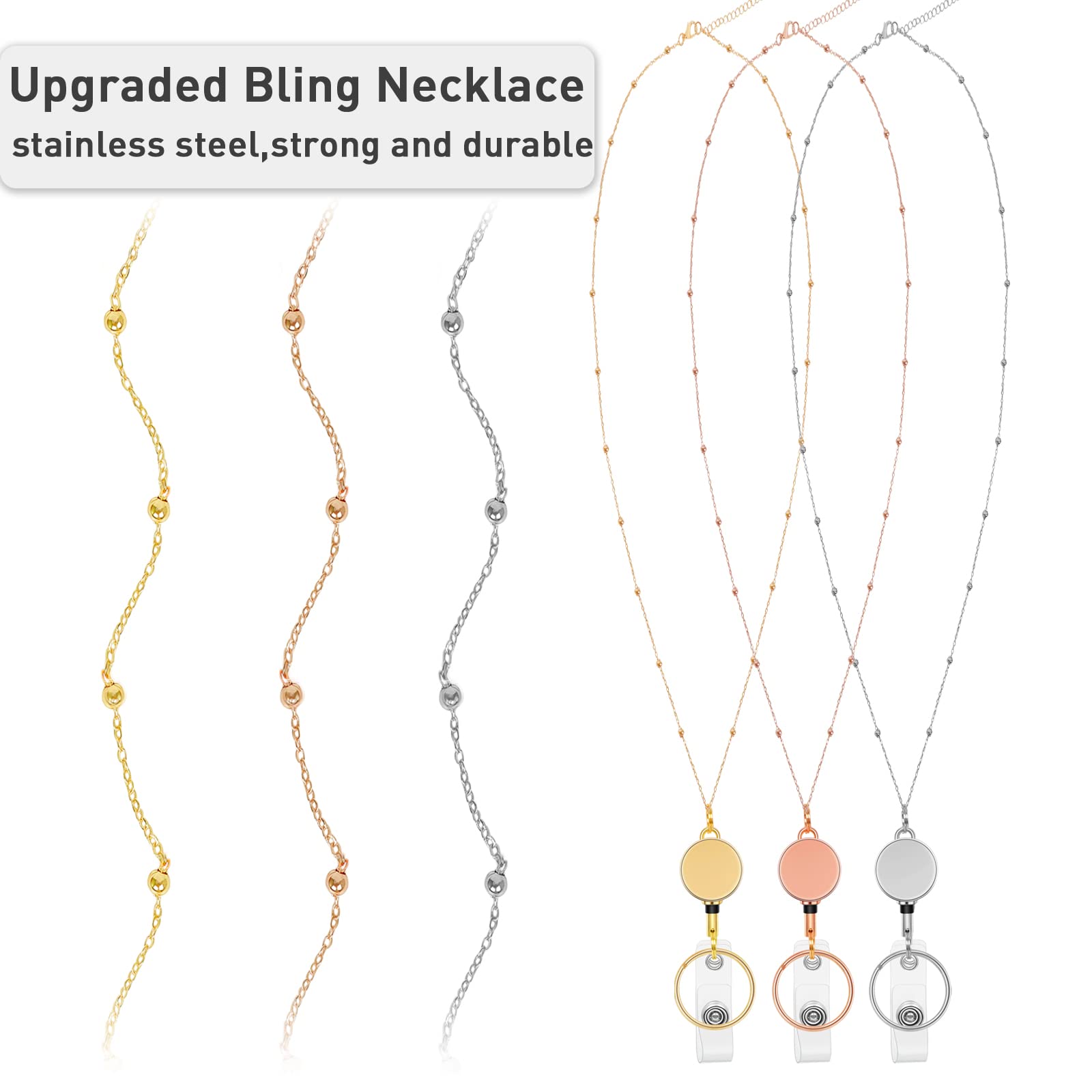 Retractable Badge Lanyard with ID Holder - 3 Pack Beaded Necklace for Work & Events (Rose Gold, Silver, Gold)