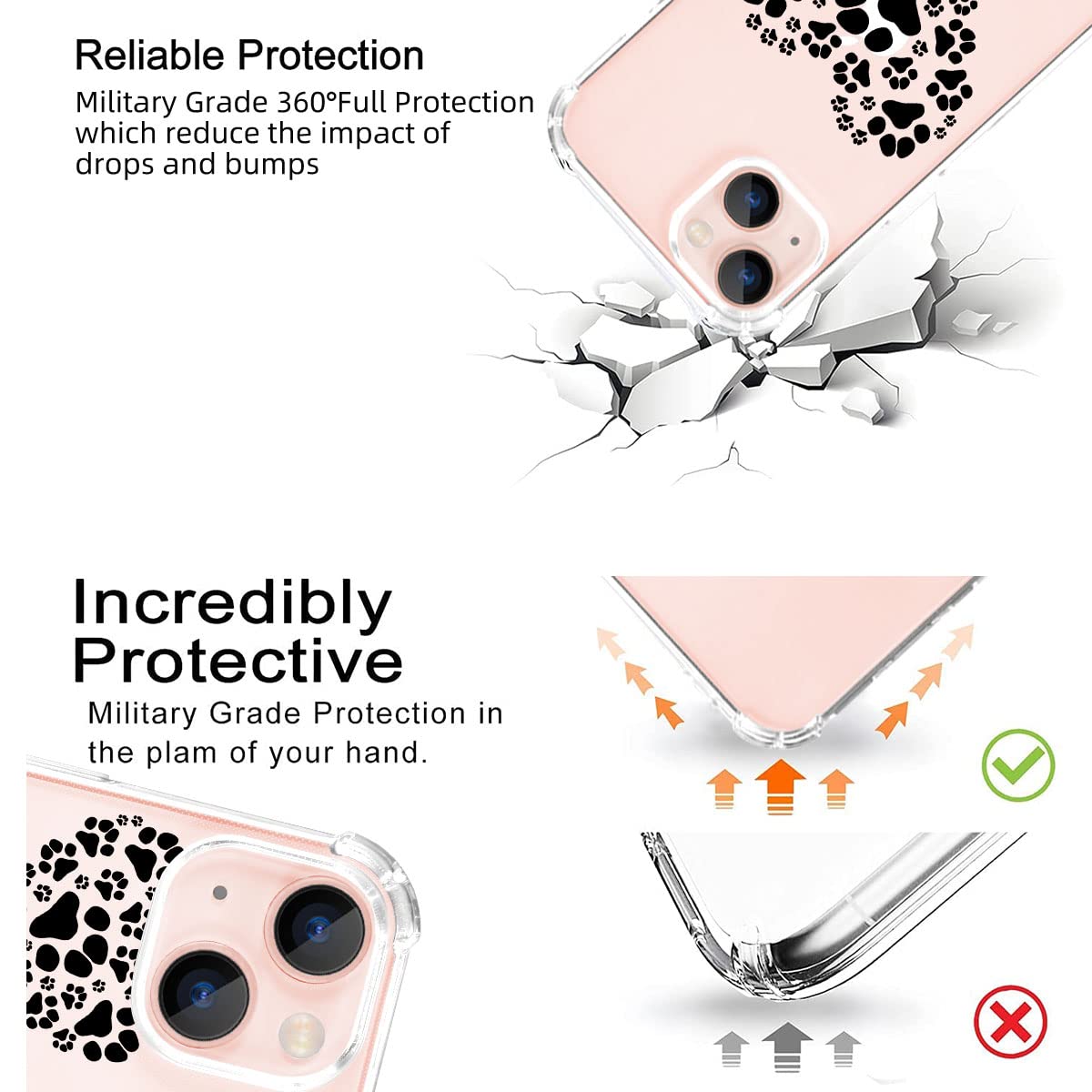 Cute Black Heart Cat Paw iPhone 12 & 12 Pro Case - Crystal Clear TPU Shockproof Phone Cover for Women & Girls - Soft Protective 6.1 Inch Case for Everyday Use & Fashion Accessory