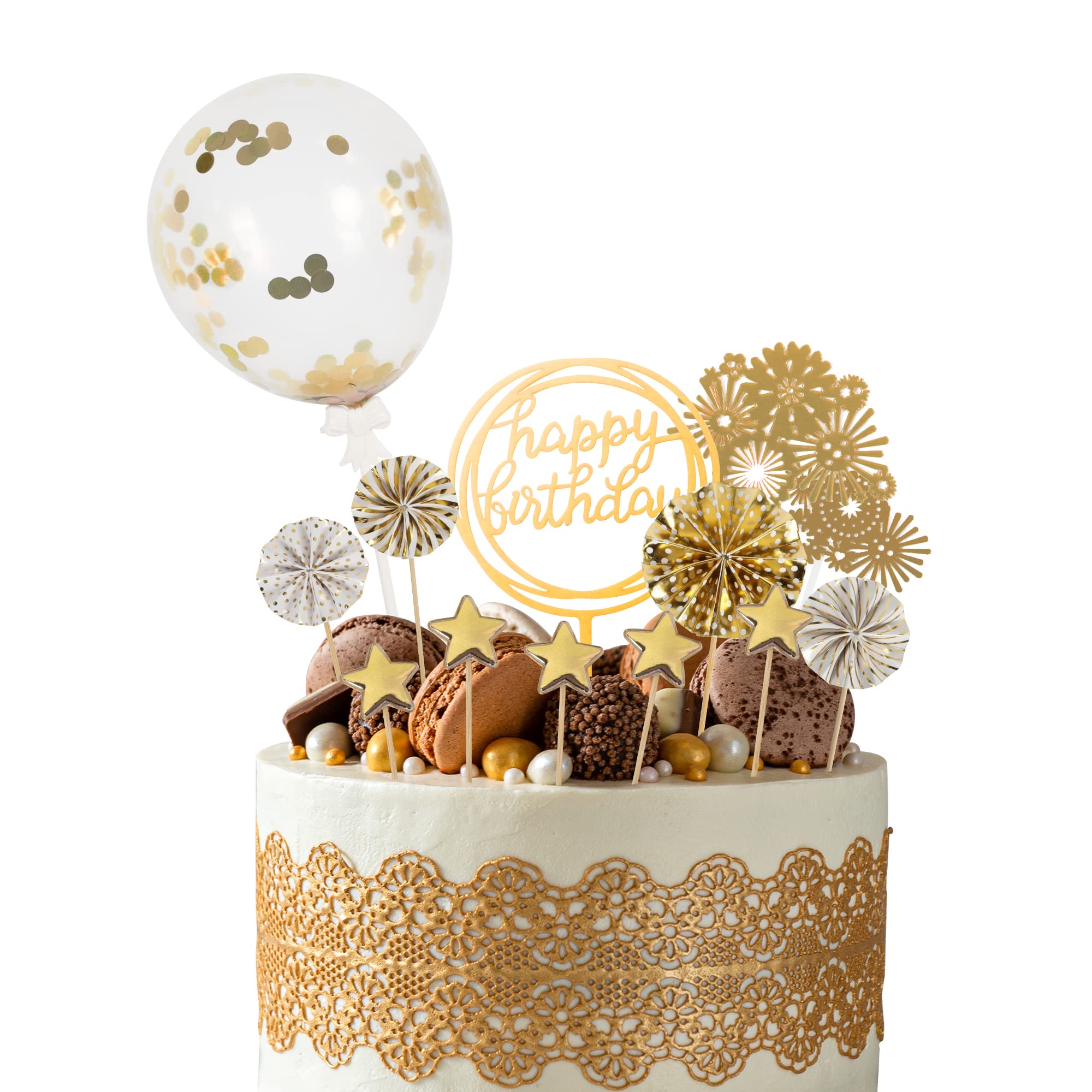 Beaface 13 PCS Gold Birthday Cake Toppers Set - Happy Birthday Cake Decorations with Sequins, Balloons, Paper Fans & Stars - Acrylic Cake Decor for Birthday Party, Wedding, Anniversary & Baby Shower Celebrations