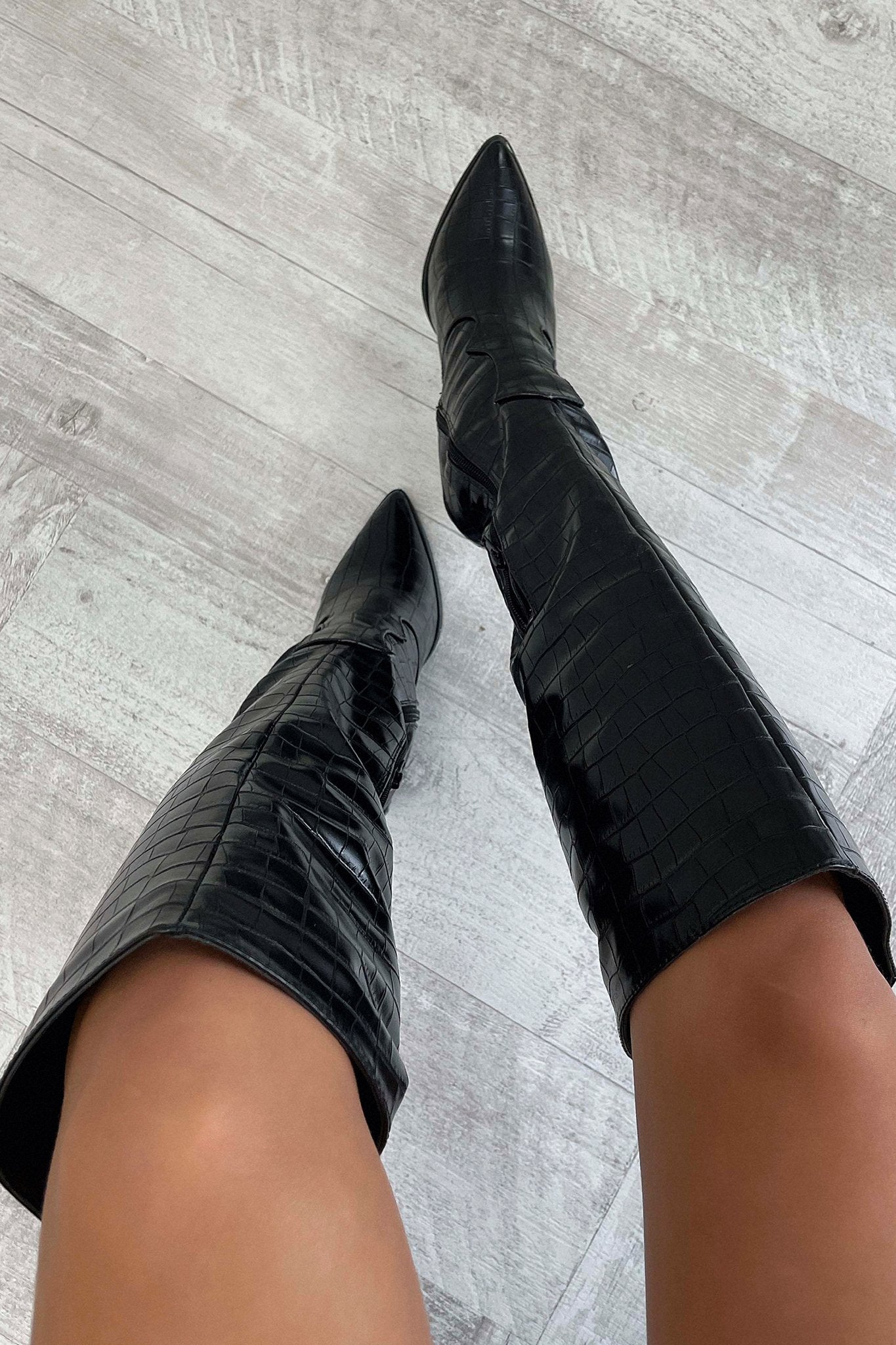 Edora Knee High Boots for Women - Black Crocodile Embossed Leather, Chunky Heel, Comfortable & Stylish - Perfect for Winter, Fall, Office Wear & Night Out