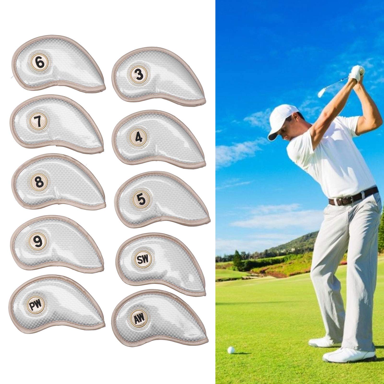 Mumisuto Golf Iron Head Covers - 10PCS PU Leather Waterproof Iron Club Protectors with Numbered Sleeves (6.7x3.4 Inch) - Perfect for Golf Course Protection & Travel Storage