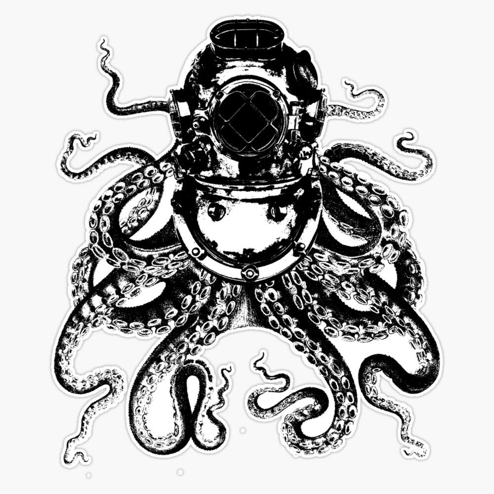 Octopus in a Diving Helmet Vinyl Waterproof Sticker - 5 Inch Decal for Car, Laptop, Wall, Window & Bumper - Perfect for Marine Lovers & Scuba Diving Enthusiasts