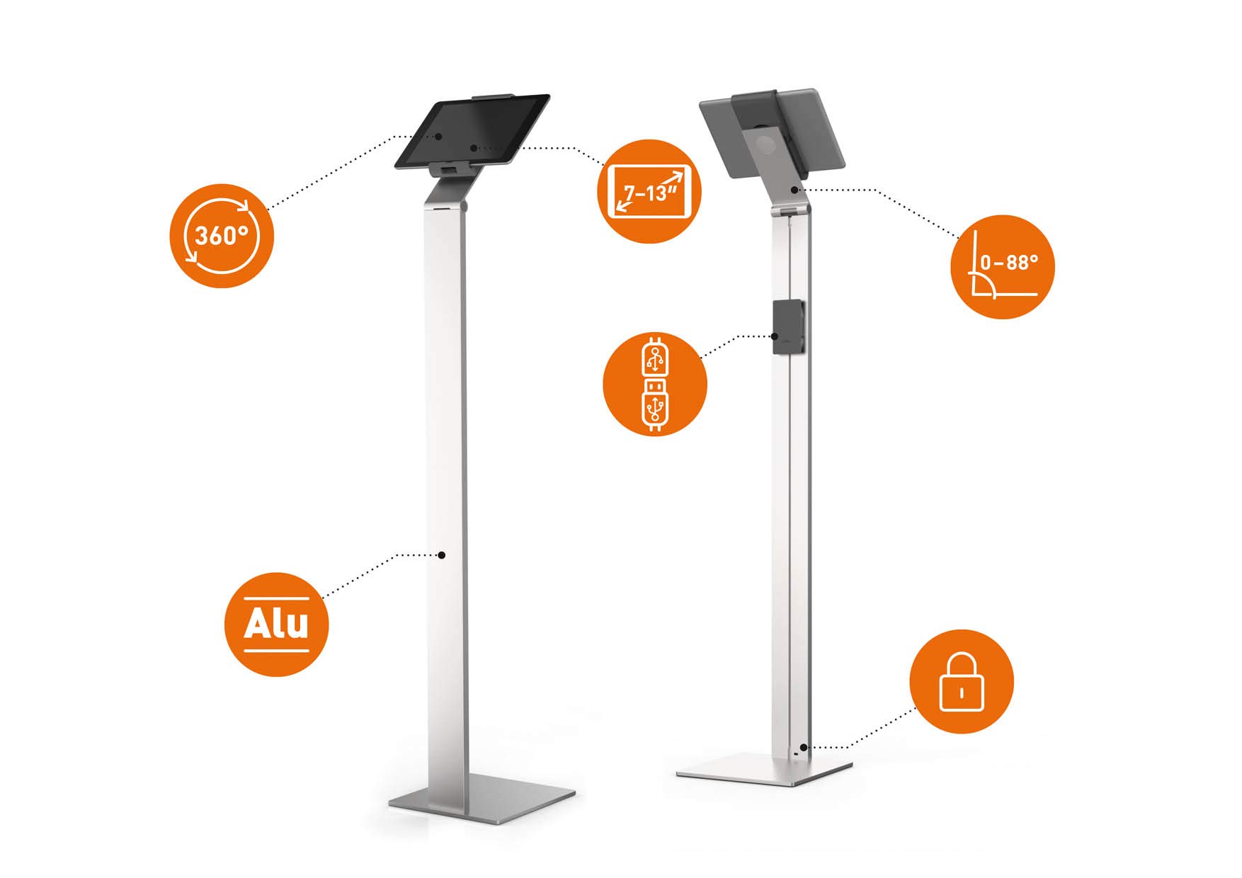 Premium Aluminum Tablet Floor Stand - Anti-Theft Lockable & 360° Rotatable | Universal Stand for 7-13