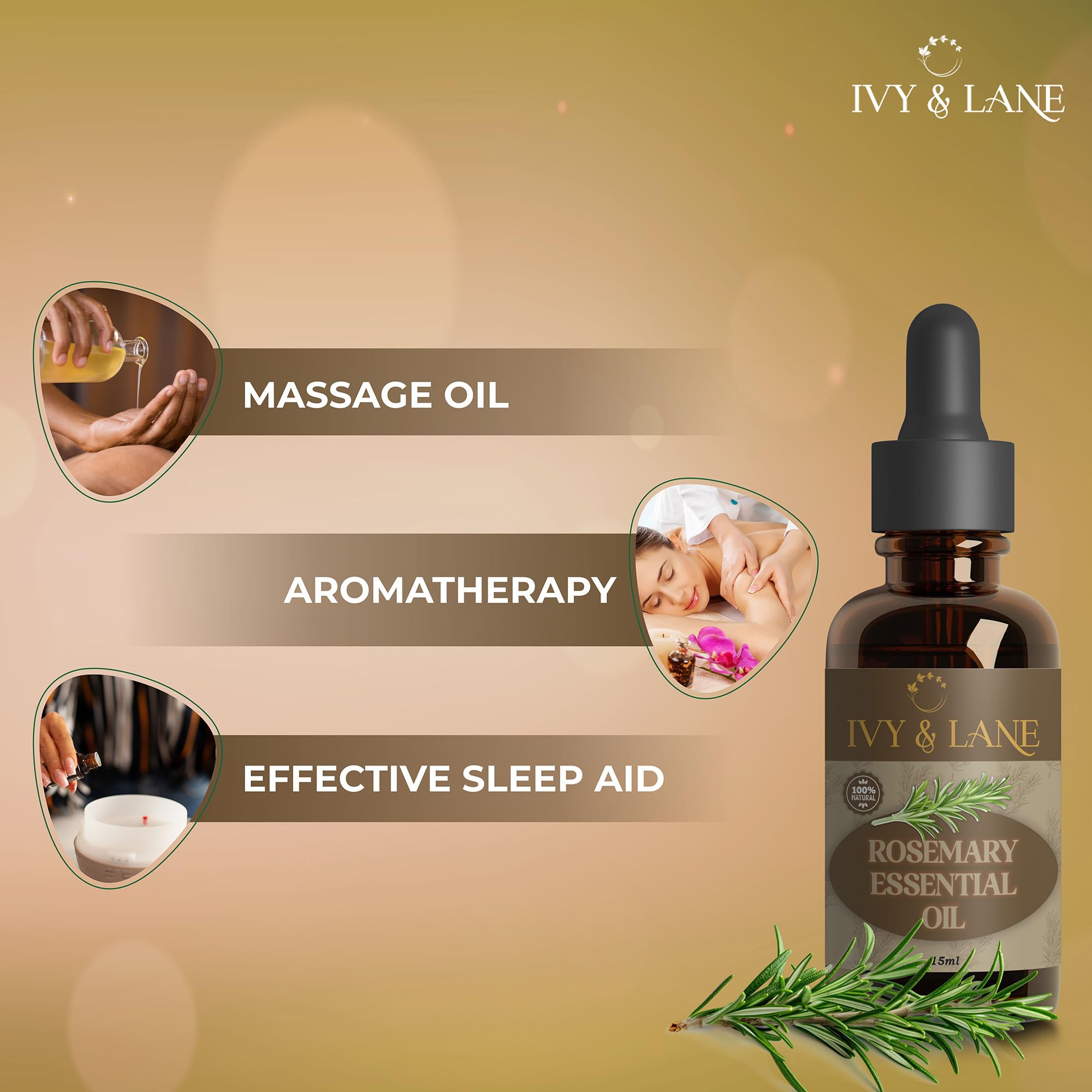 **Ivy & Lane 100% Pure Organic Rosemary Essential Oil – Undiluted, Therapeutic Grade for Aromatherapy, Promotes Healthy Hair, Skin & Mind – 15ml with Dropper – Perfect for Diffusers, Massage & DIY Beauty**